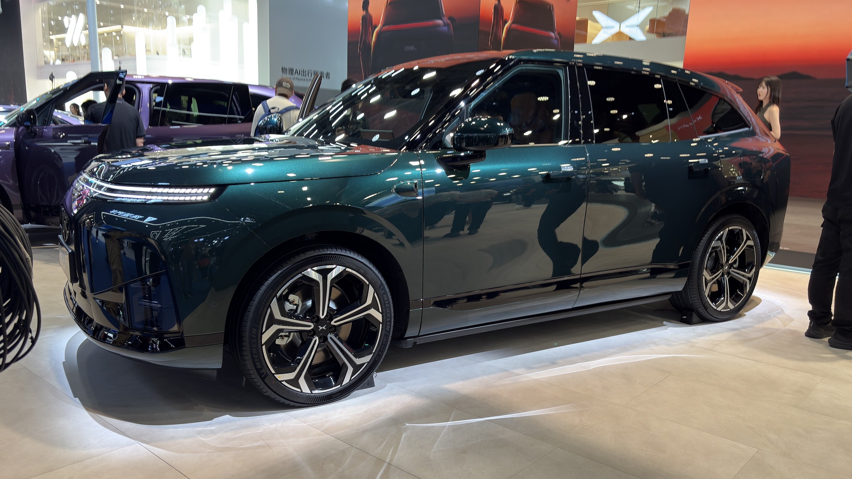 Dark green XPeng G9L SUV on display at the Chengdu Motor Show