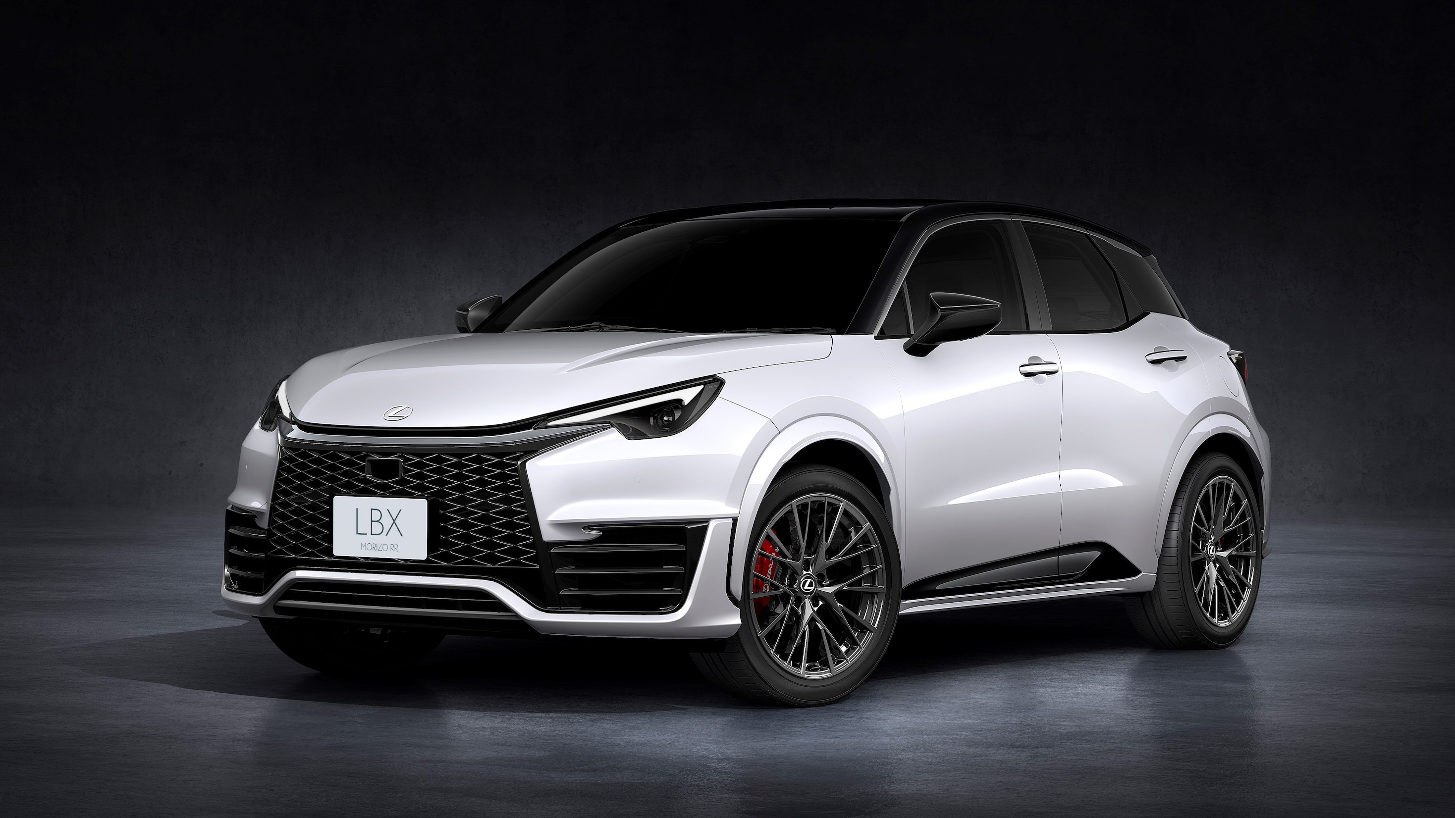 Lexus LBX Morizo RR in white, front three-quarter studio view