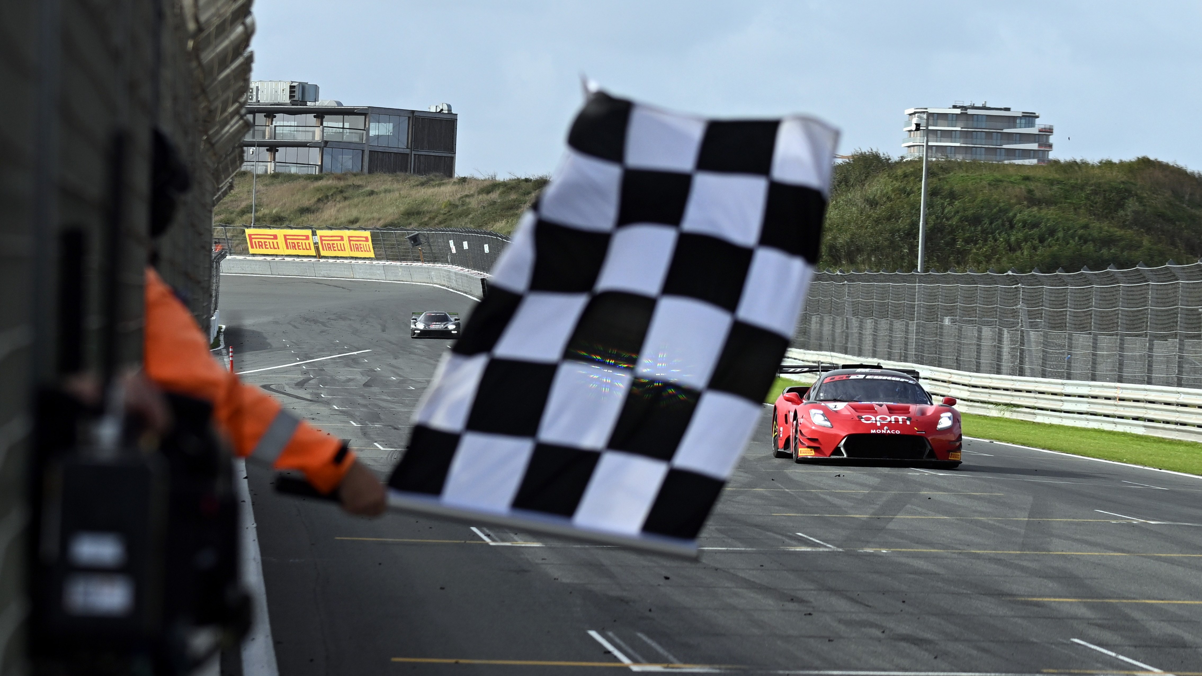 Maserati GT2 of Philippe Prette takes the checkered flag at Zandvoort