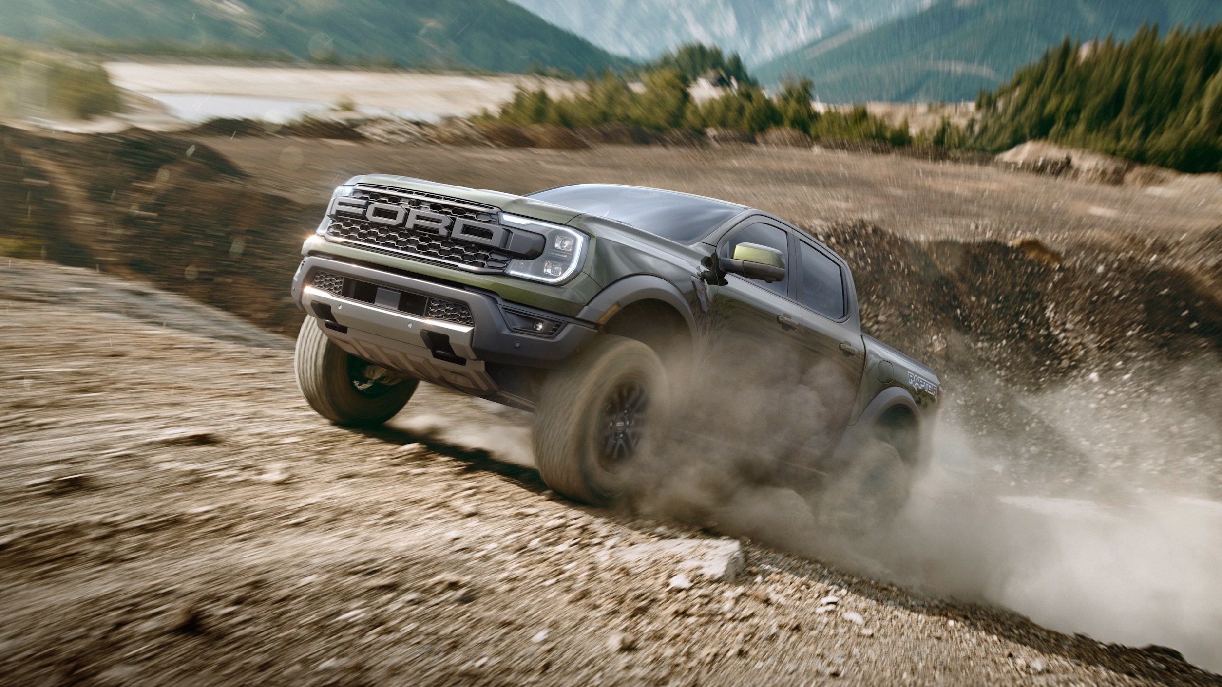 2026 Ford Ranger Raptor pickup in Shelter Green, front three-quarter view