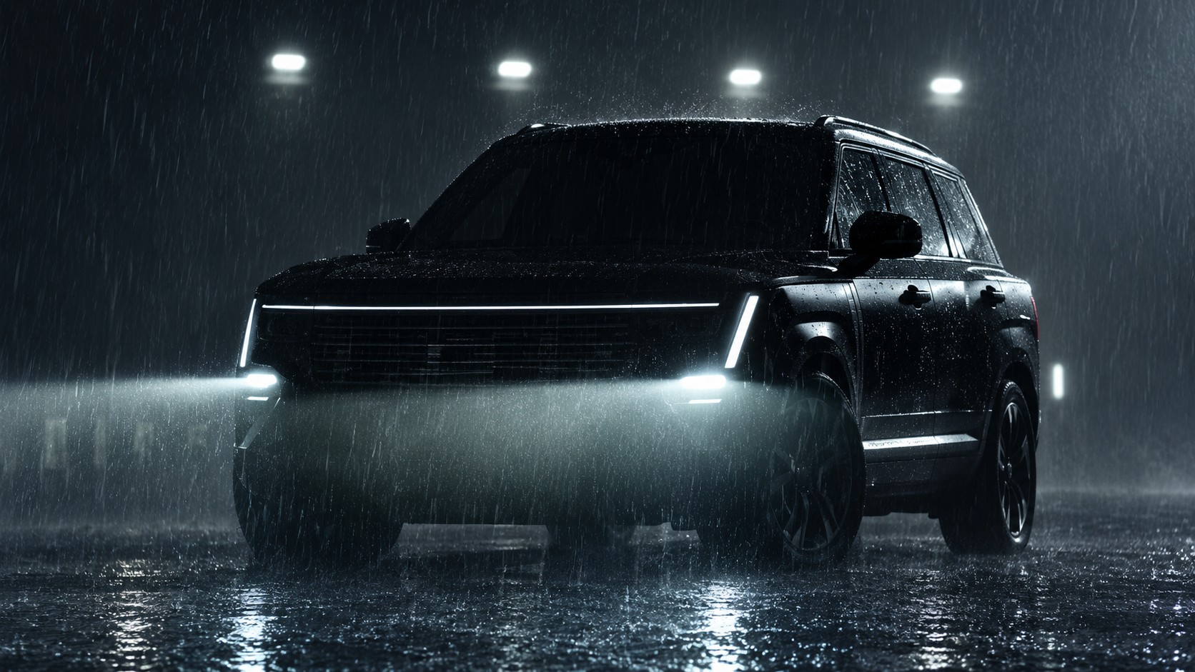 Teaser image of the 2027 Hyundai Tucson's front end at night in heavy rain