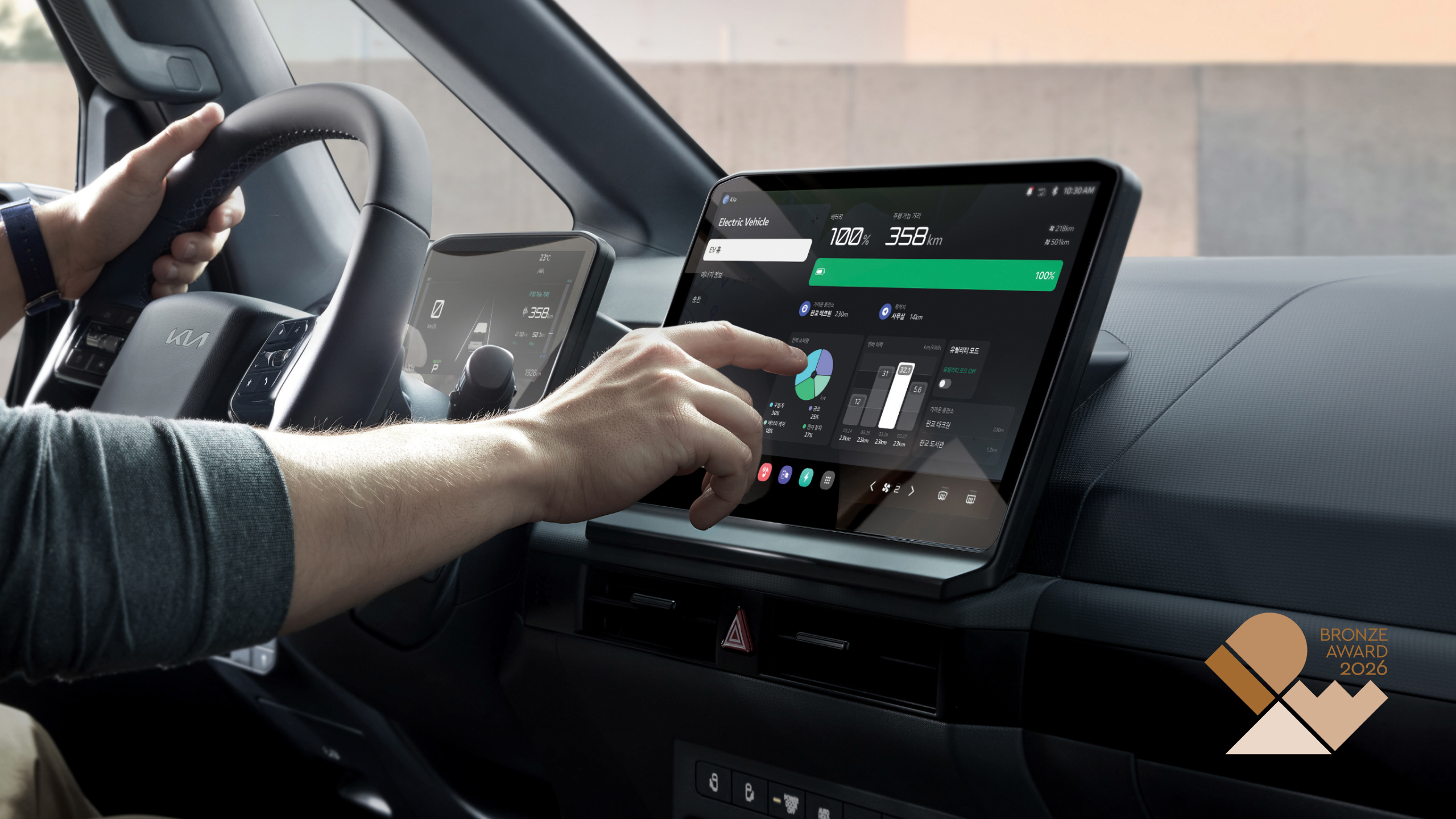 Driver touching Kia PV5 infotainment touchscreen showing EV battery and range
