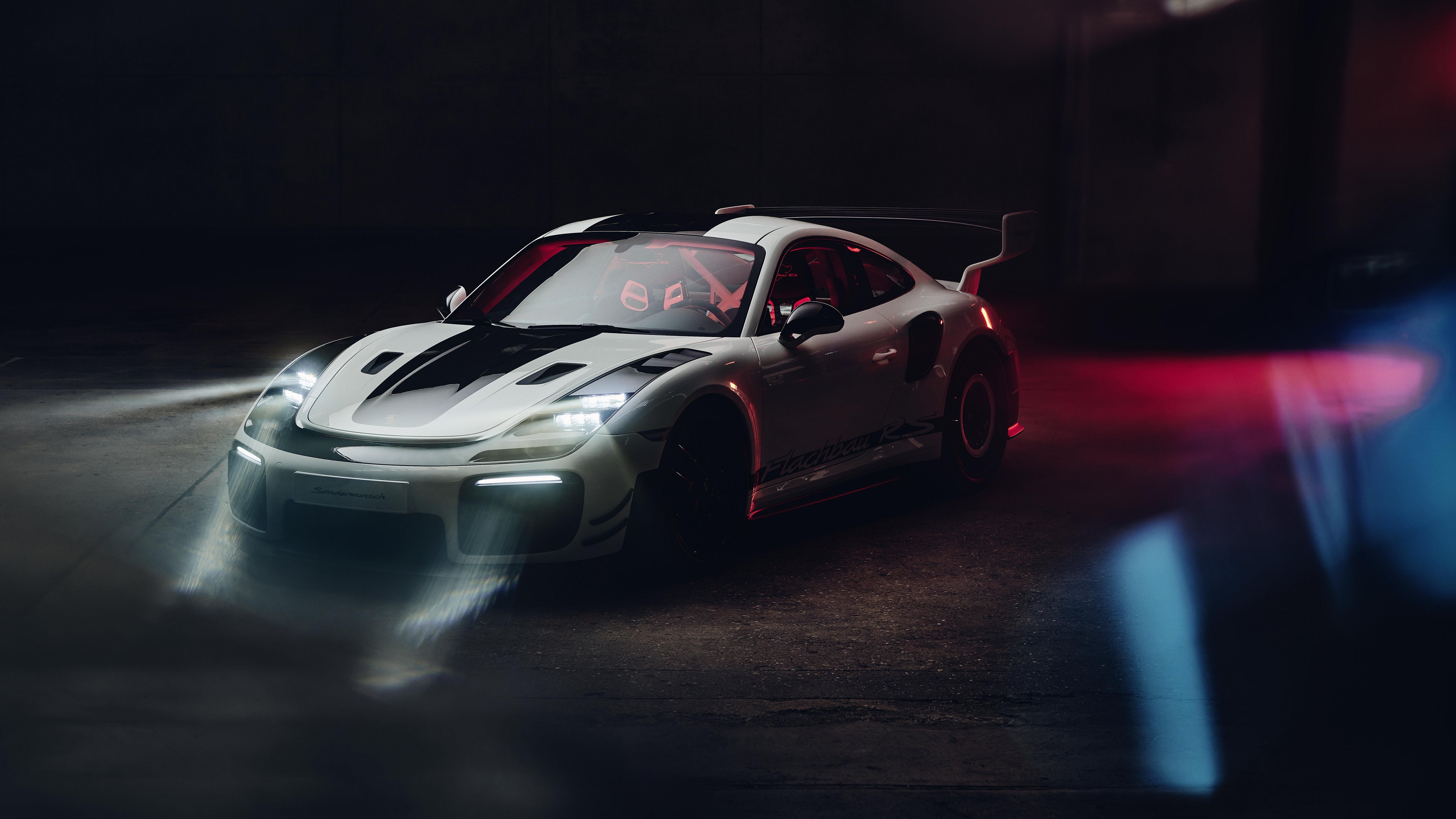 Porsche Flachbau RS one-off front three-quarter view in dark garage