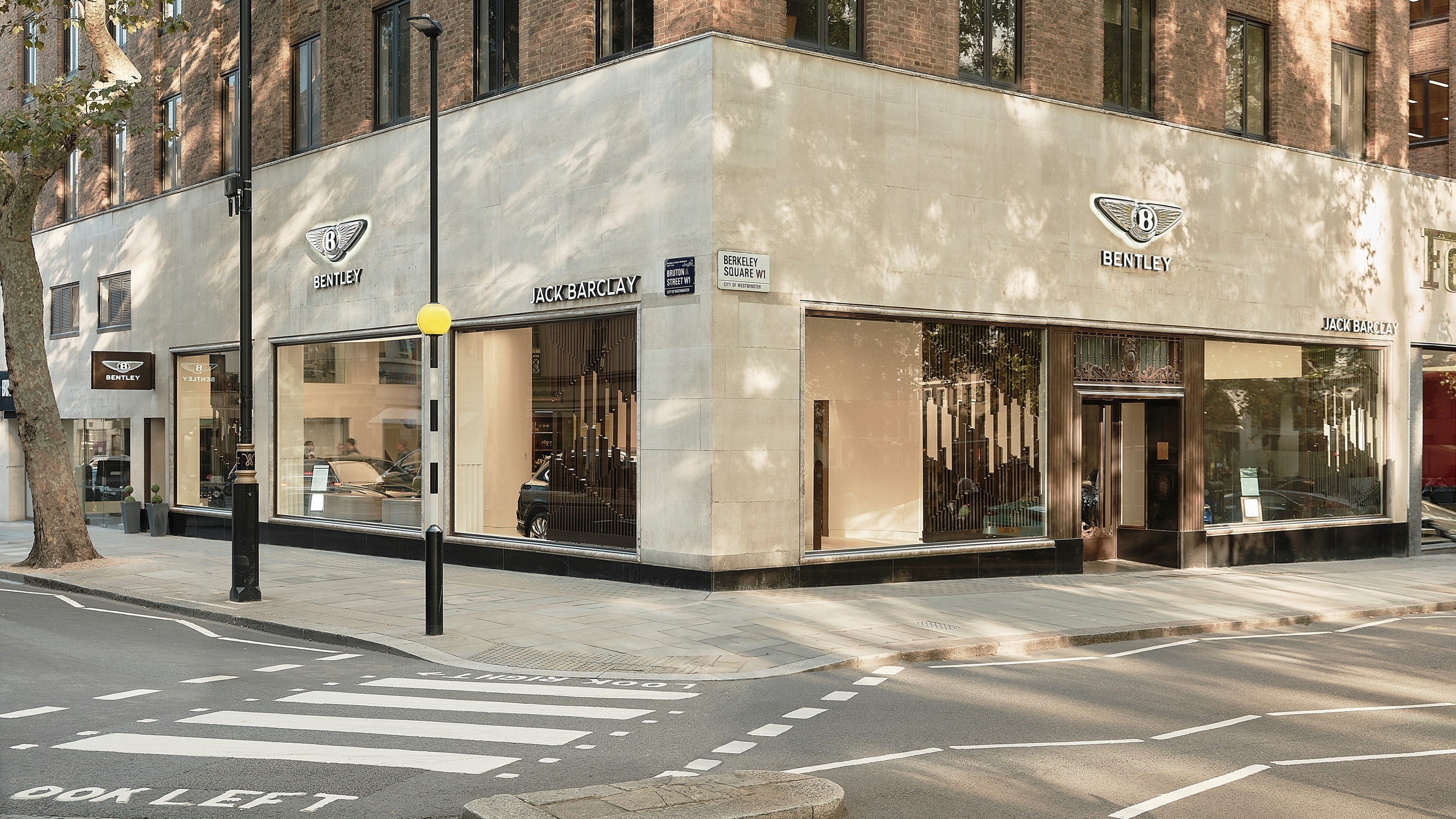 Jack Barclay Bentley dealership corner façade on Berkeley Square, London