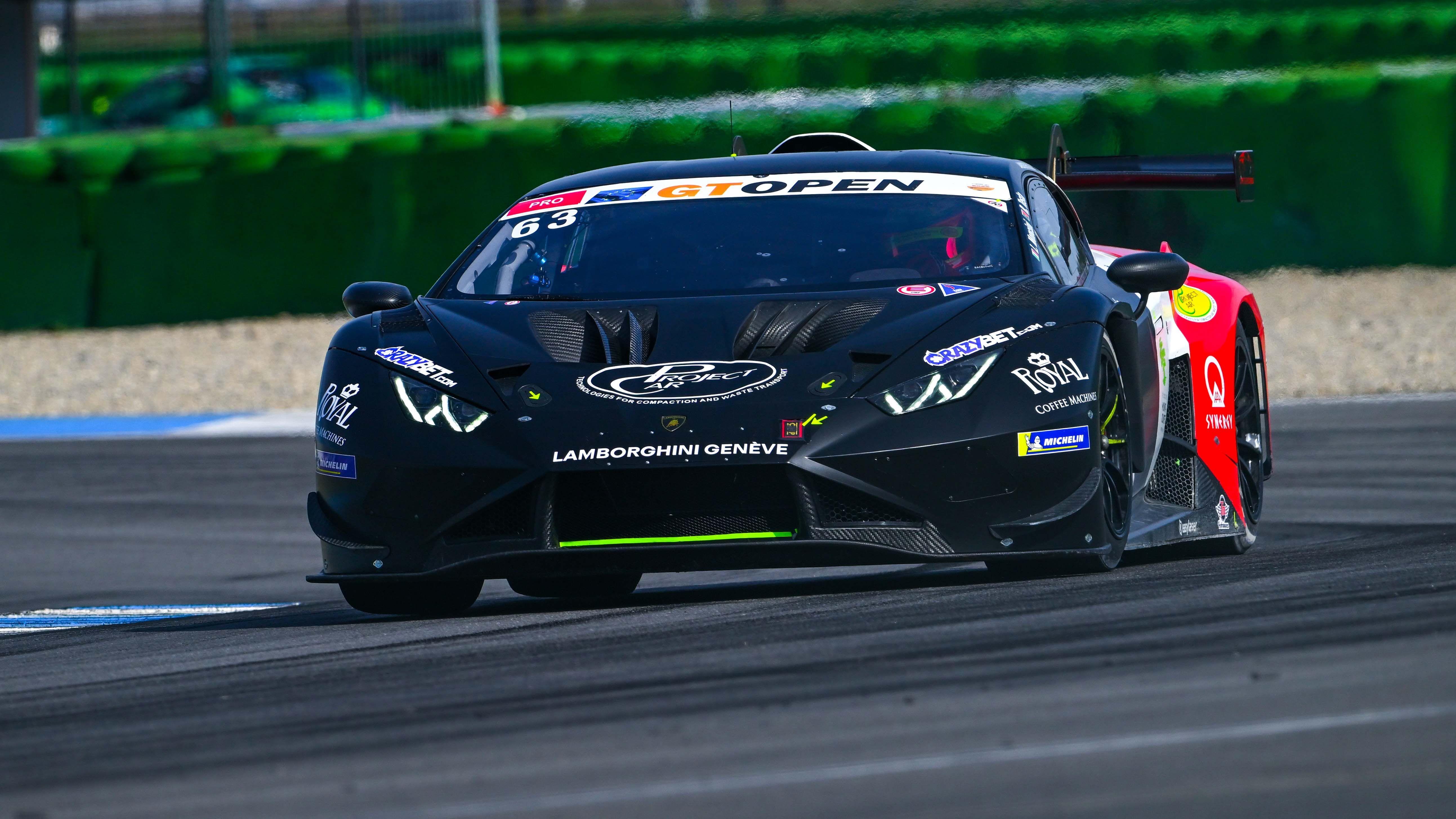Black #63 Lamborghini Huracán GT3 EVO2 cornering at Hockenheim