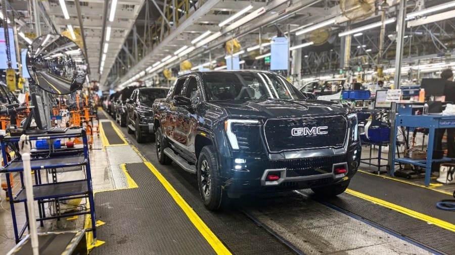 GMC Sierra EV pickup on a GM assembly line