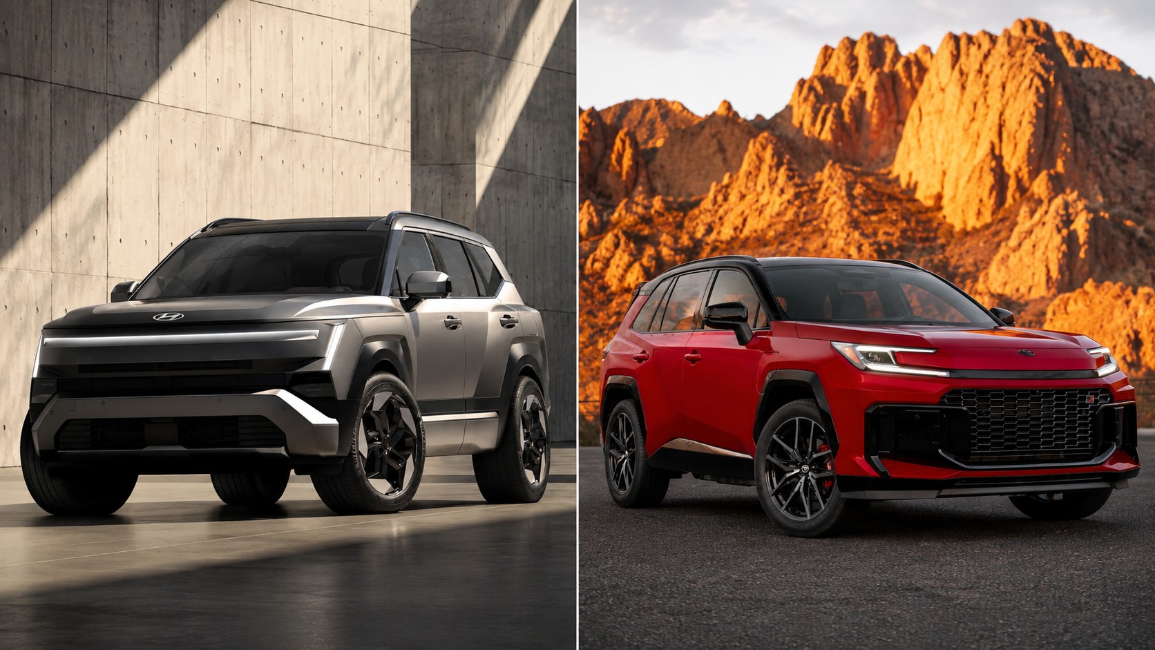 Hyundai Tucson and Toyota RAV4 compact SUVs shown side by side