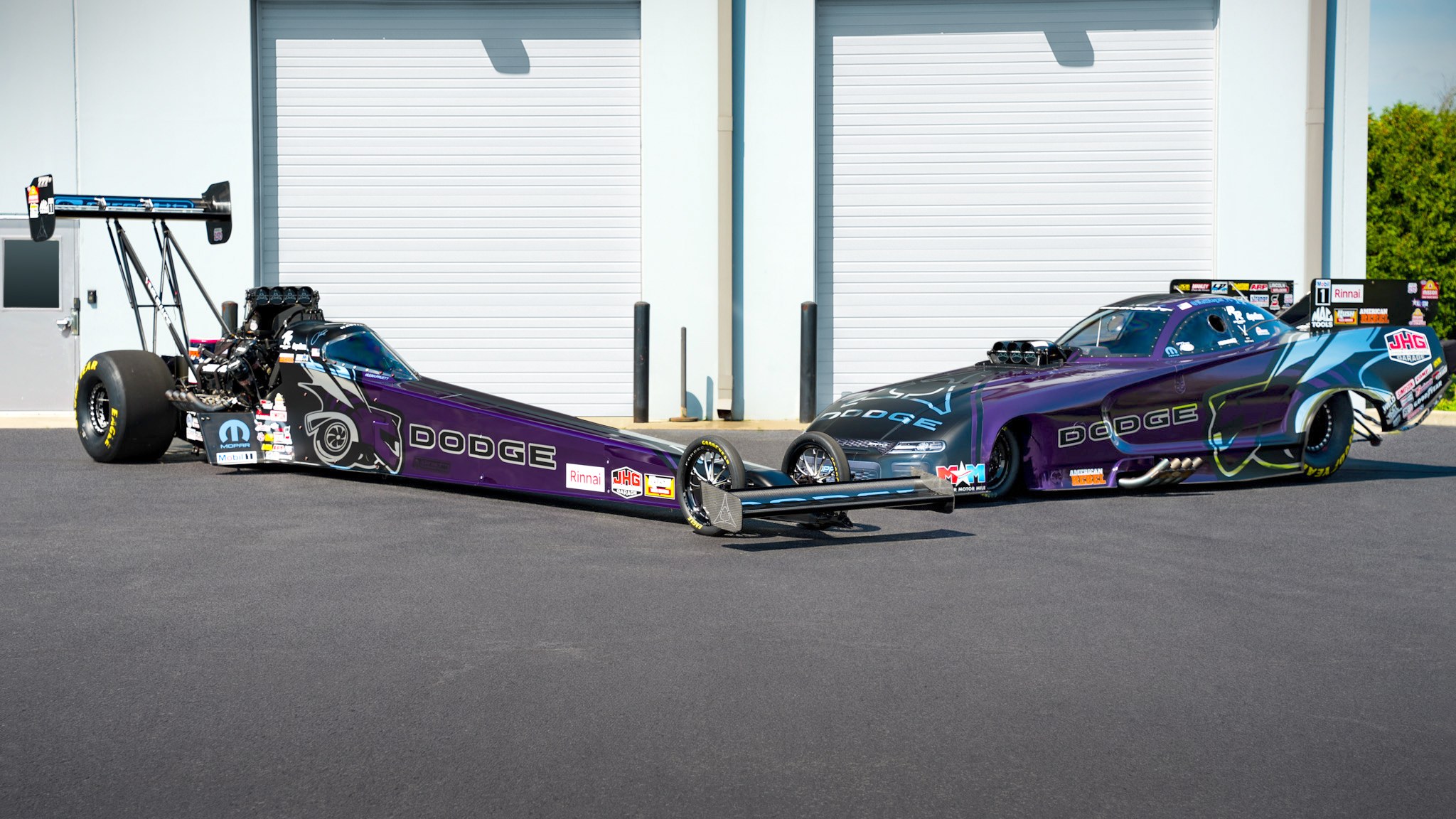 Tony Stewart Racing Dodge Top Fuel dragster and Funny Car in Purple Haze livery