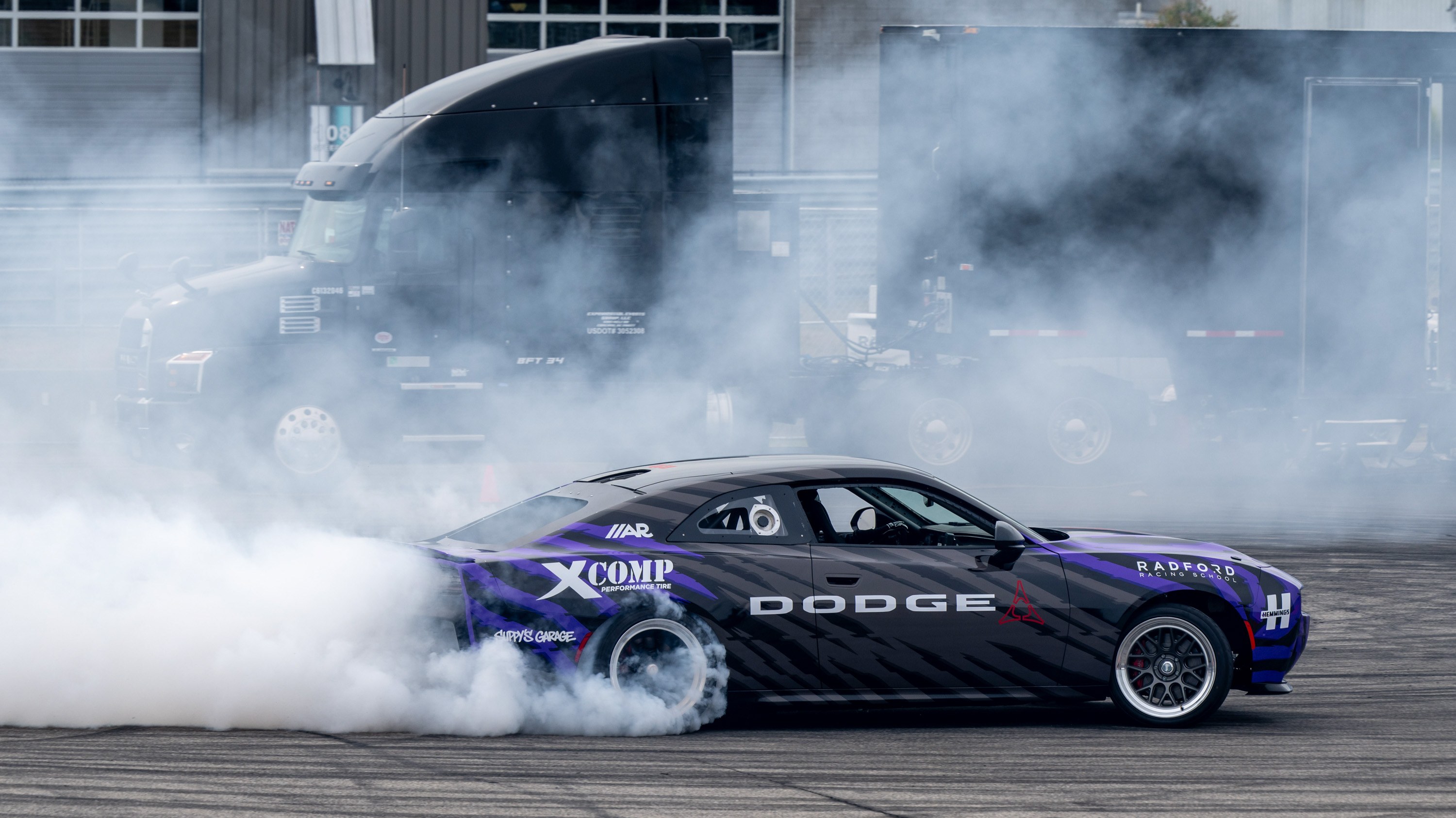 Dodge Charger BOOST Coupe drift car sliding in tire smoke