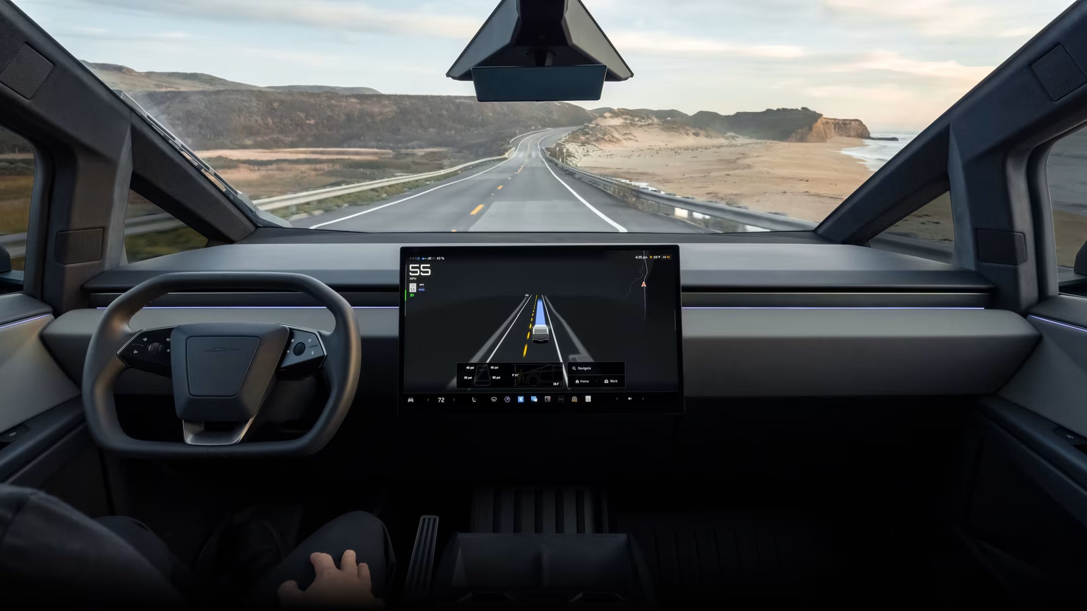 Tesla Cybertruck interior with Full Self-Driving (Supervised) active on the center screen