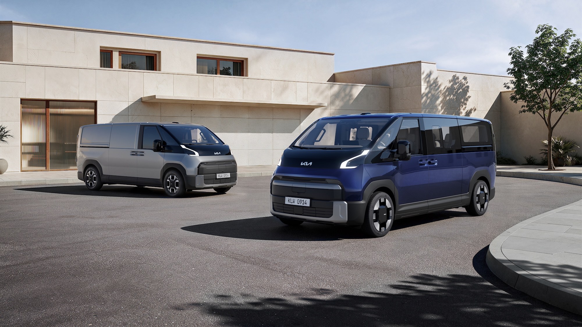 Kia PV7 Passenger and Cargo electric vans, front three-quarter view