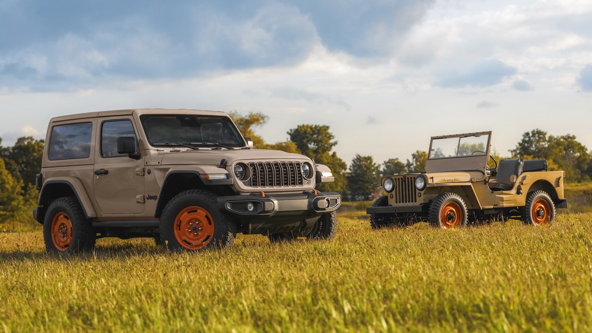 2027 Jeep Wrangler JL-2A in Gobi parked beside an original Willys CJ-2A