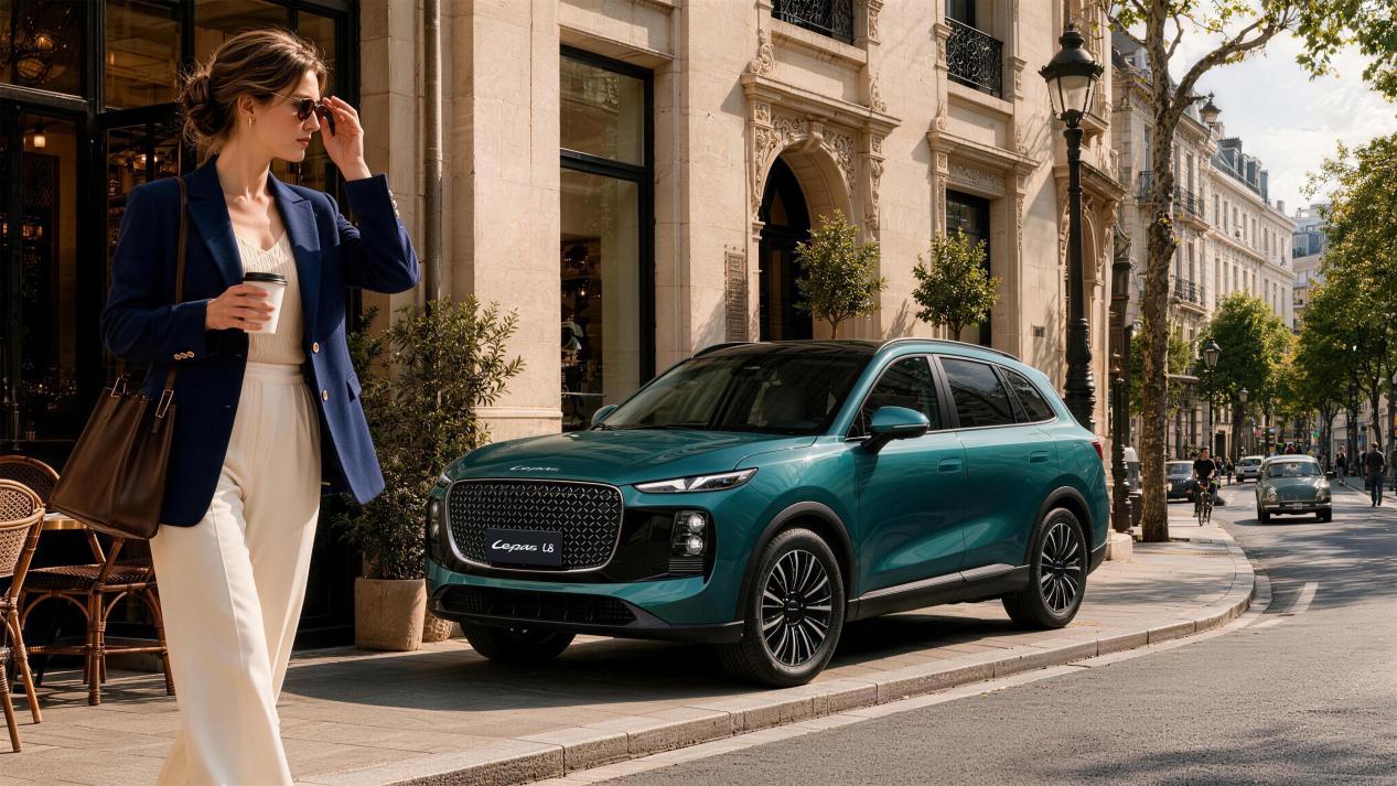 Teal Lepas L8 plug-in hybrid SUV parked on a European city street