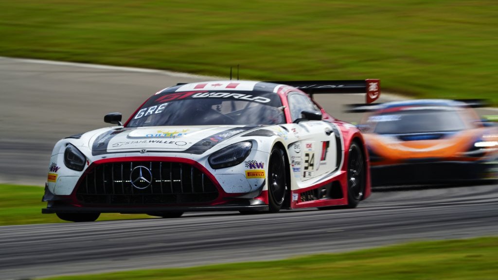 No. 34 JMF Motorsports Mercedes-AMG GT3 cornering at Barber Motorsports Park