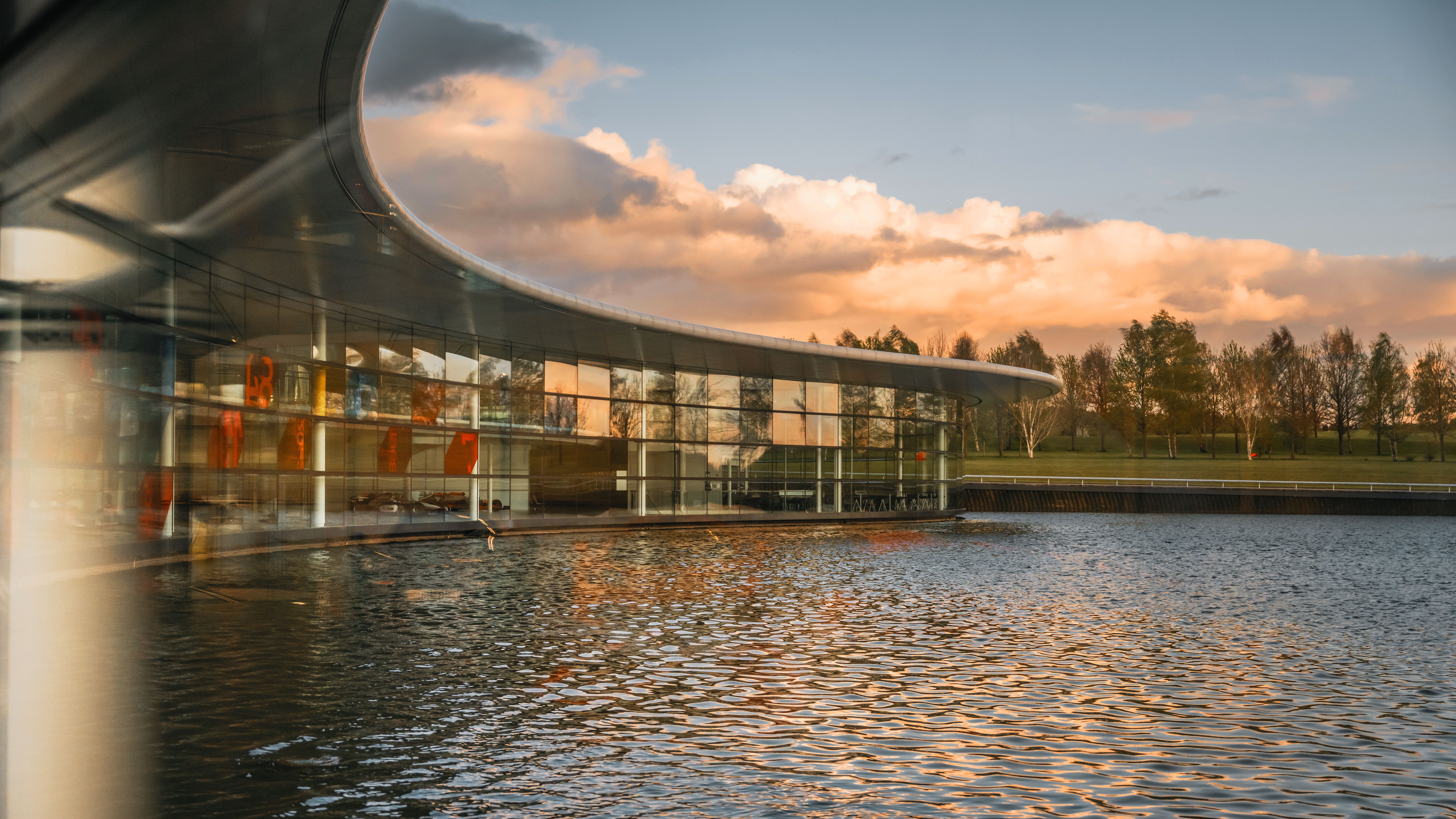 McLaren Technology Centre headquarters in Woking at sunset