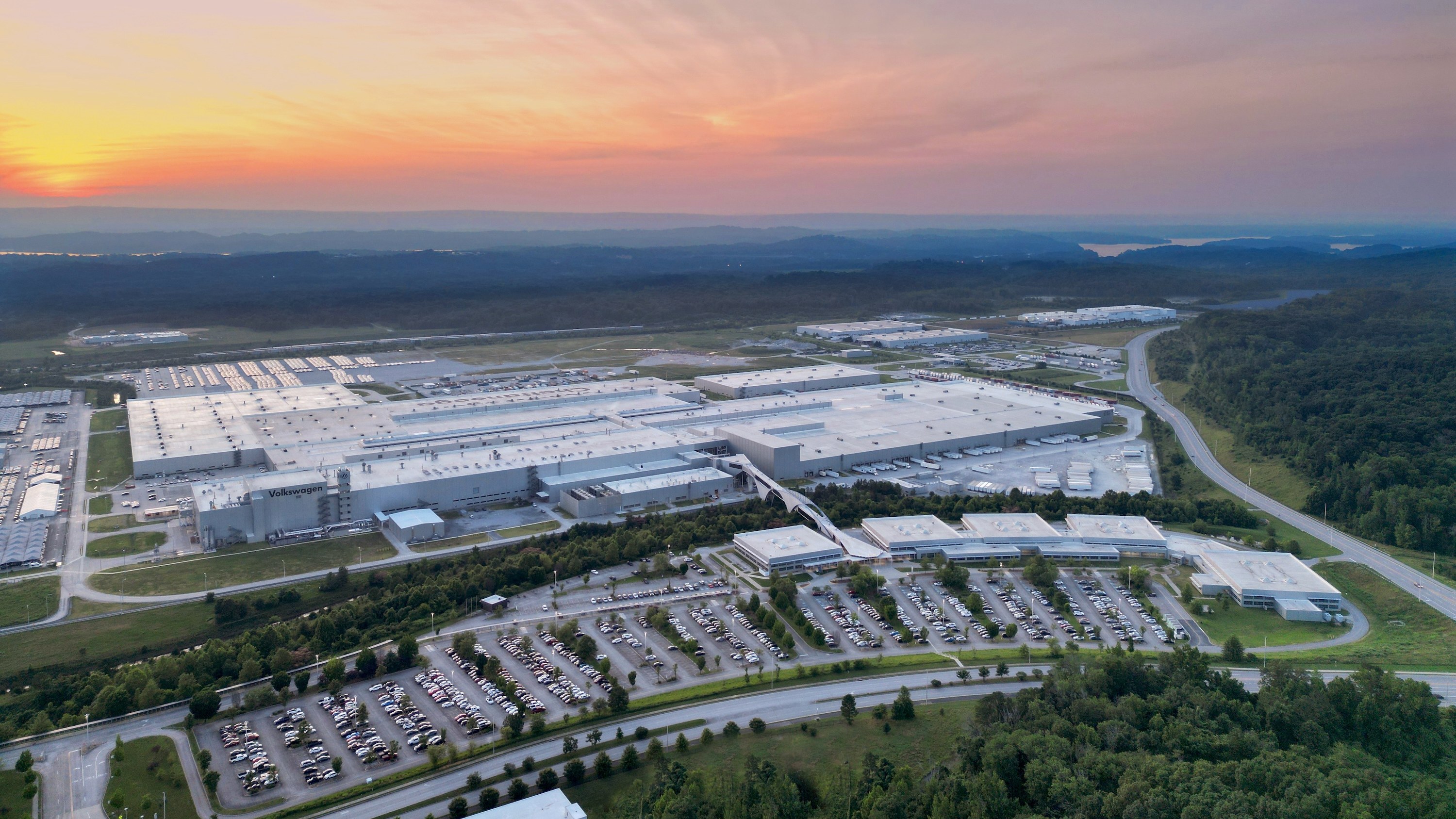 Aerial view of Volkswagen's Chattanooga, Tennessee assembly plant at sunset