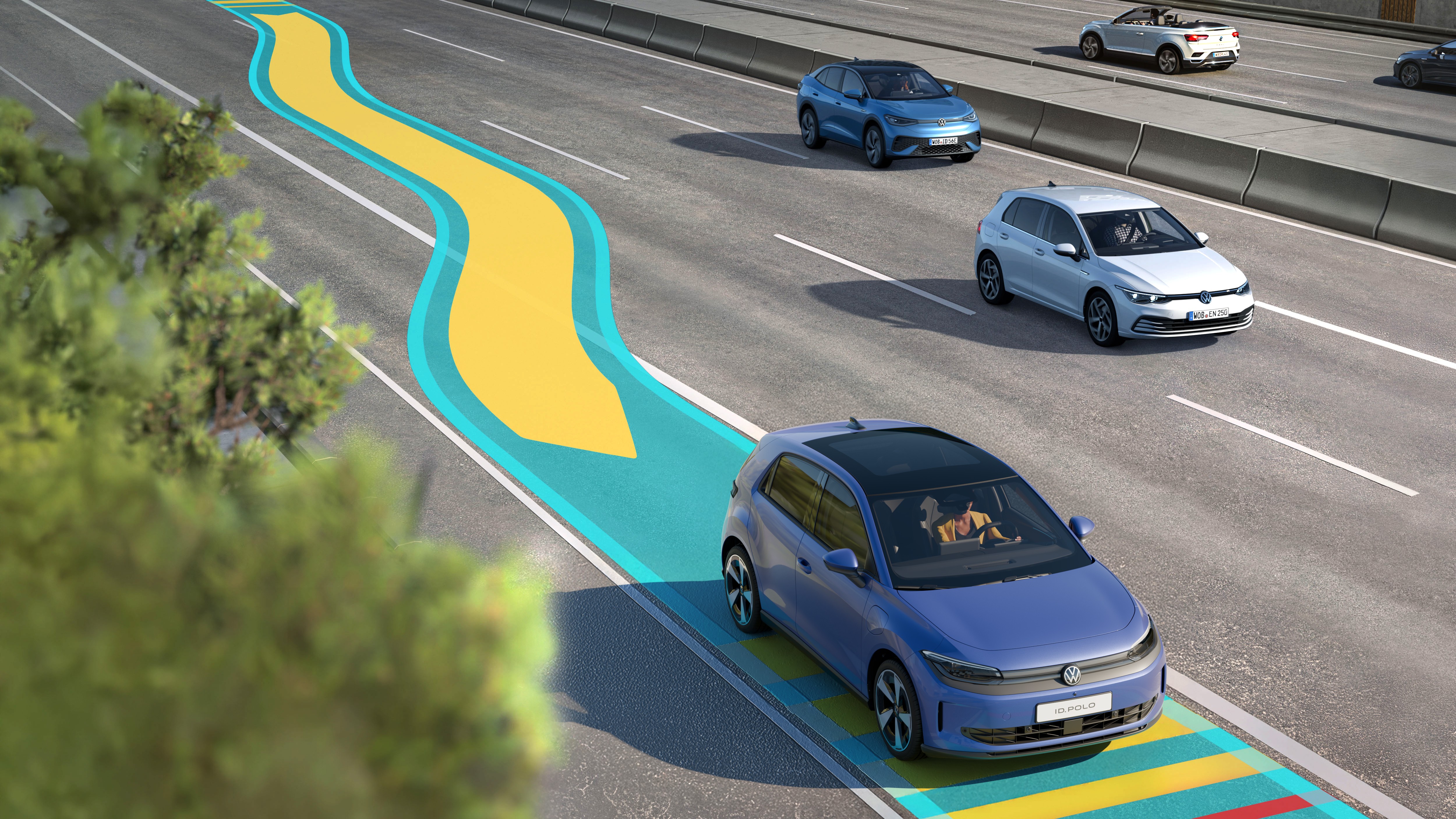 Volkswagen driver-assistance graphic showing a planned path on a multi-lane highway