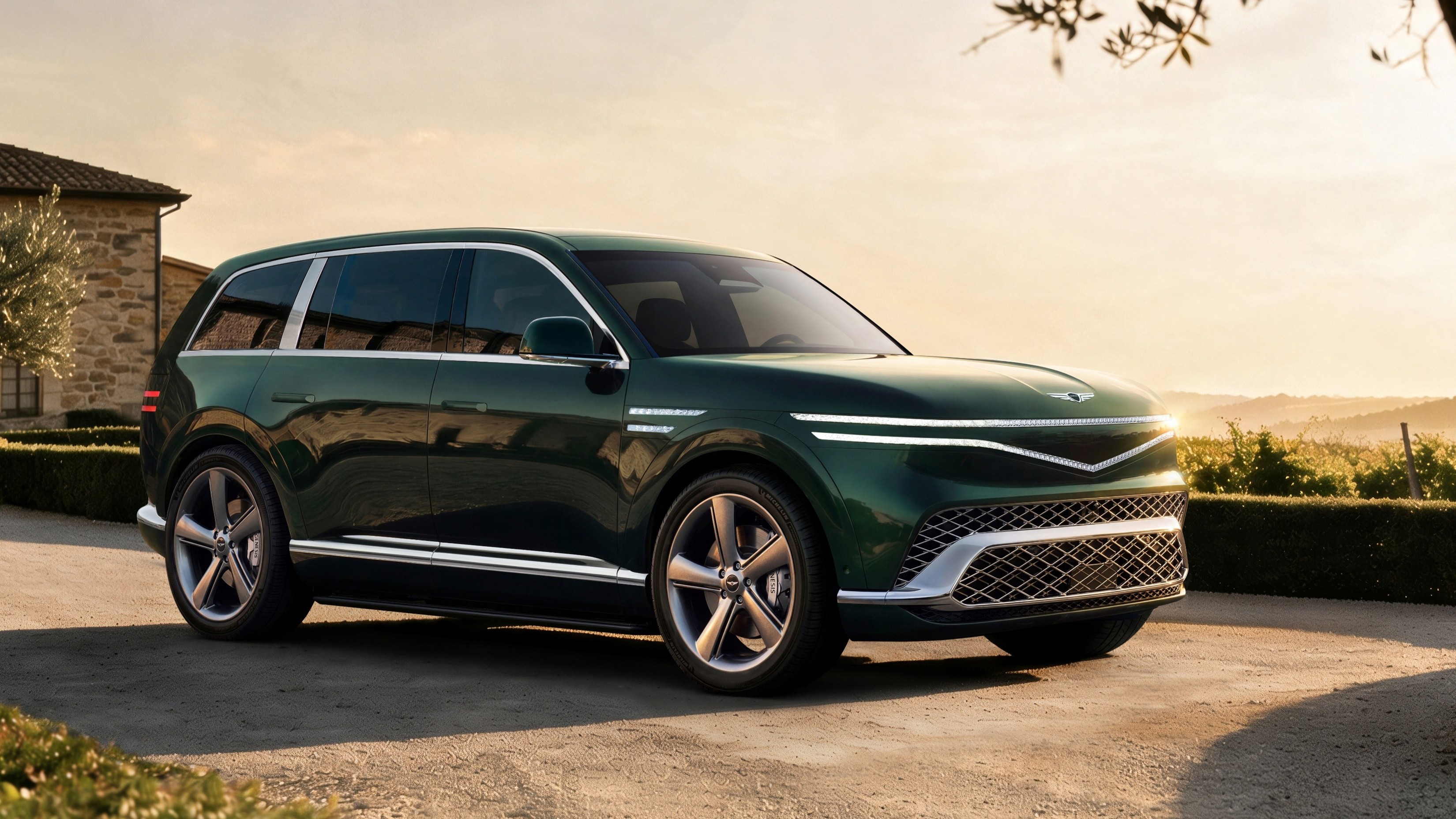 Genesis GV90 flagship electric SUV, front three-quarter view
