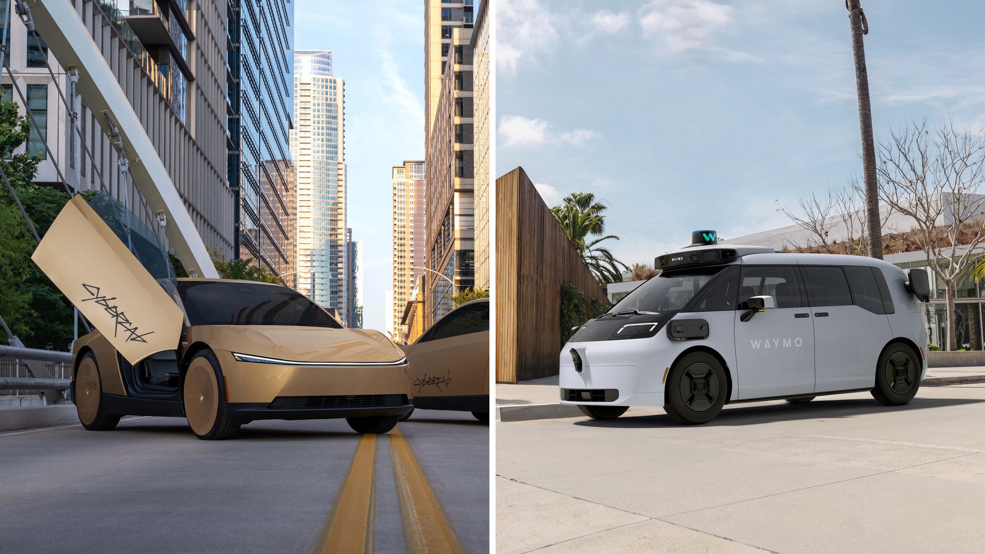Gold Tesla Cybercab beside a white Waymo Ojai robotaxi