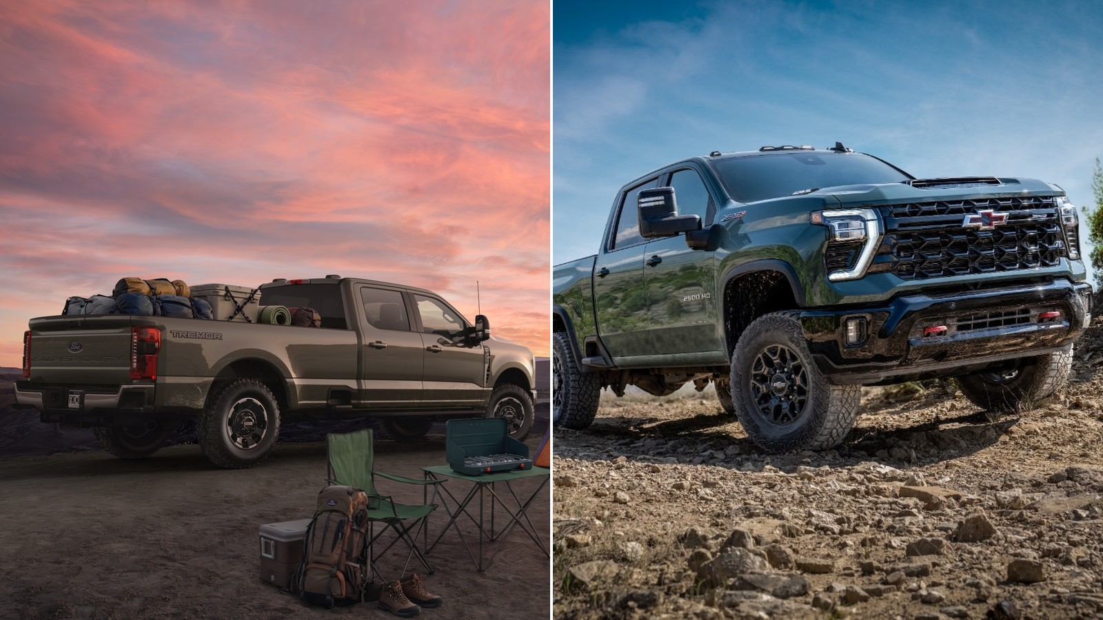 Ford Super Duty and Chevrolet Silverado HD pickups side by side