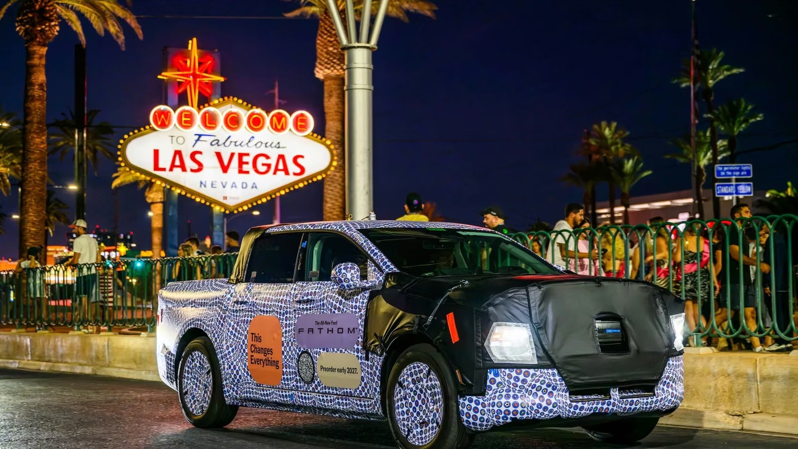 Camouflaged Ford Fathom electric truck prototypes driving in Las Vegas