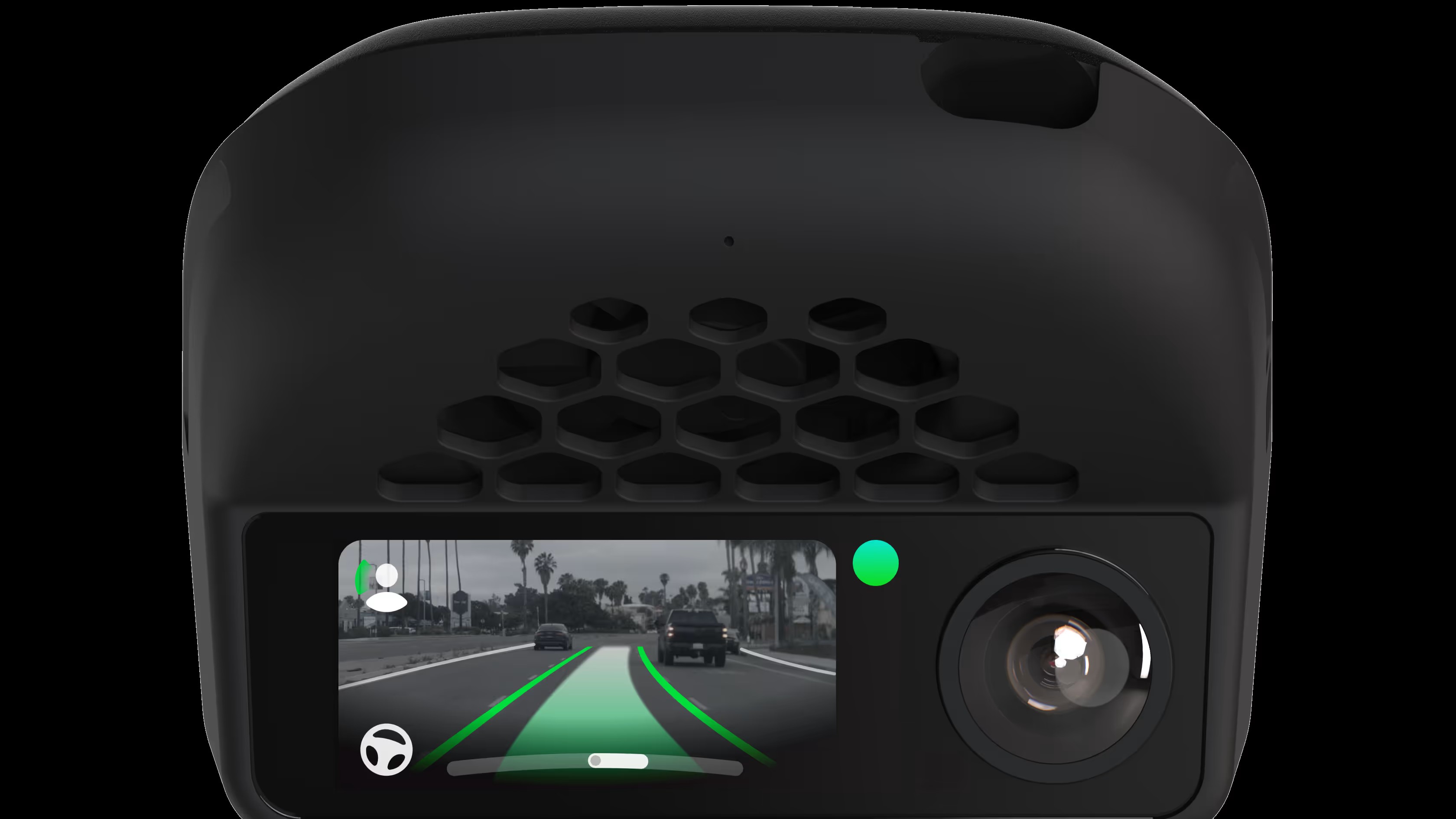 comma four driver-assistance device with openpilot display and road-facing camera