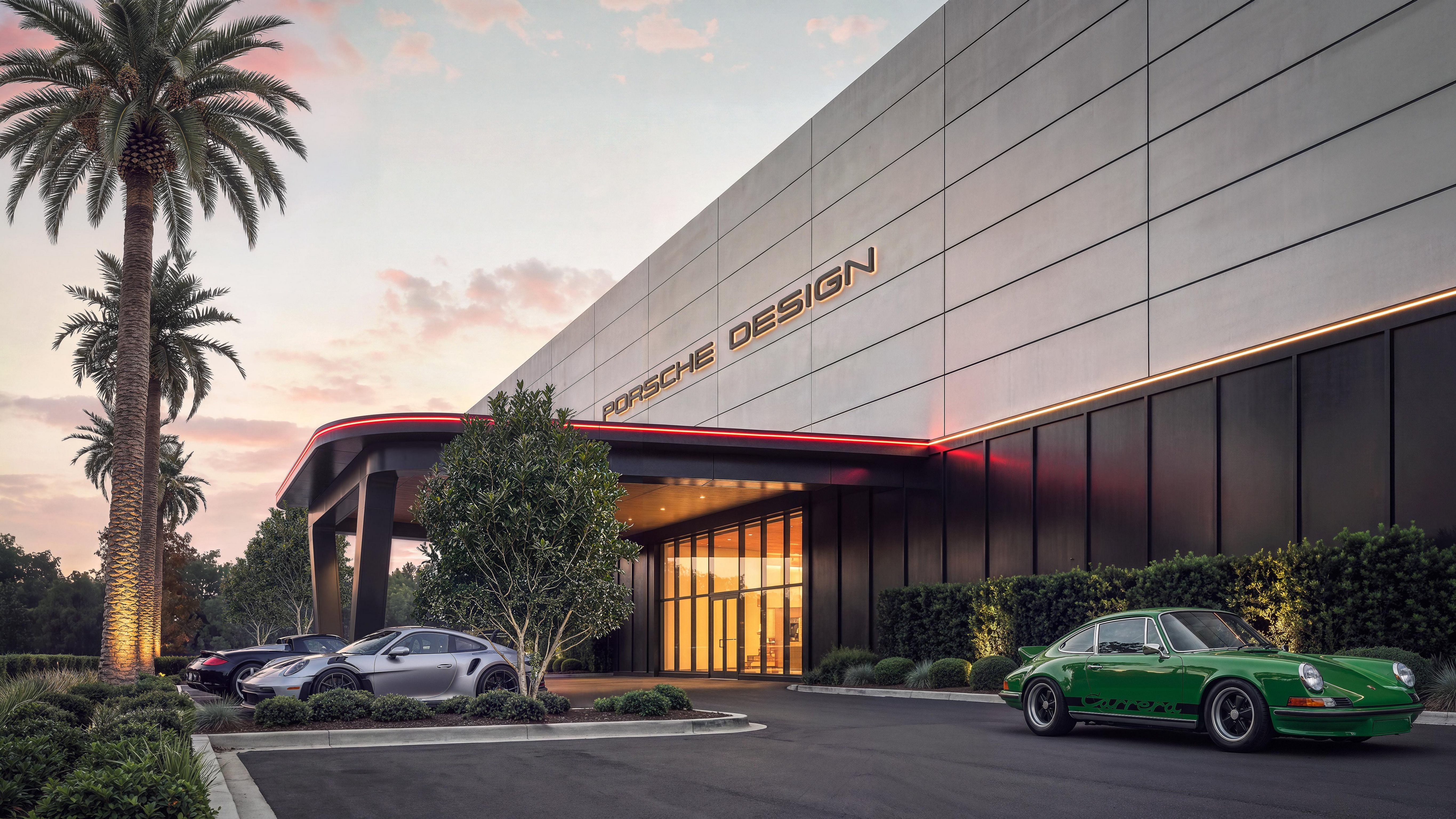 Rendering of Porsche Design Concours entrance with classic green 911 at dusk