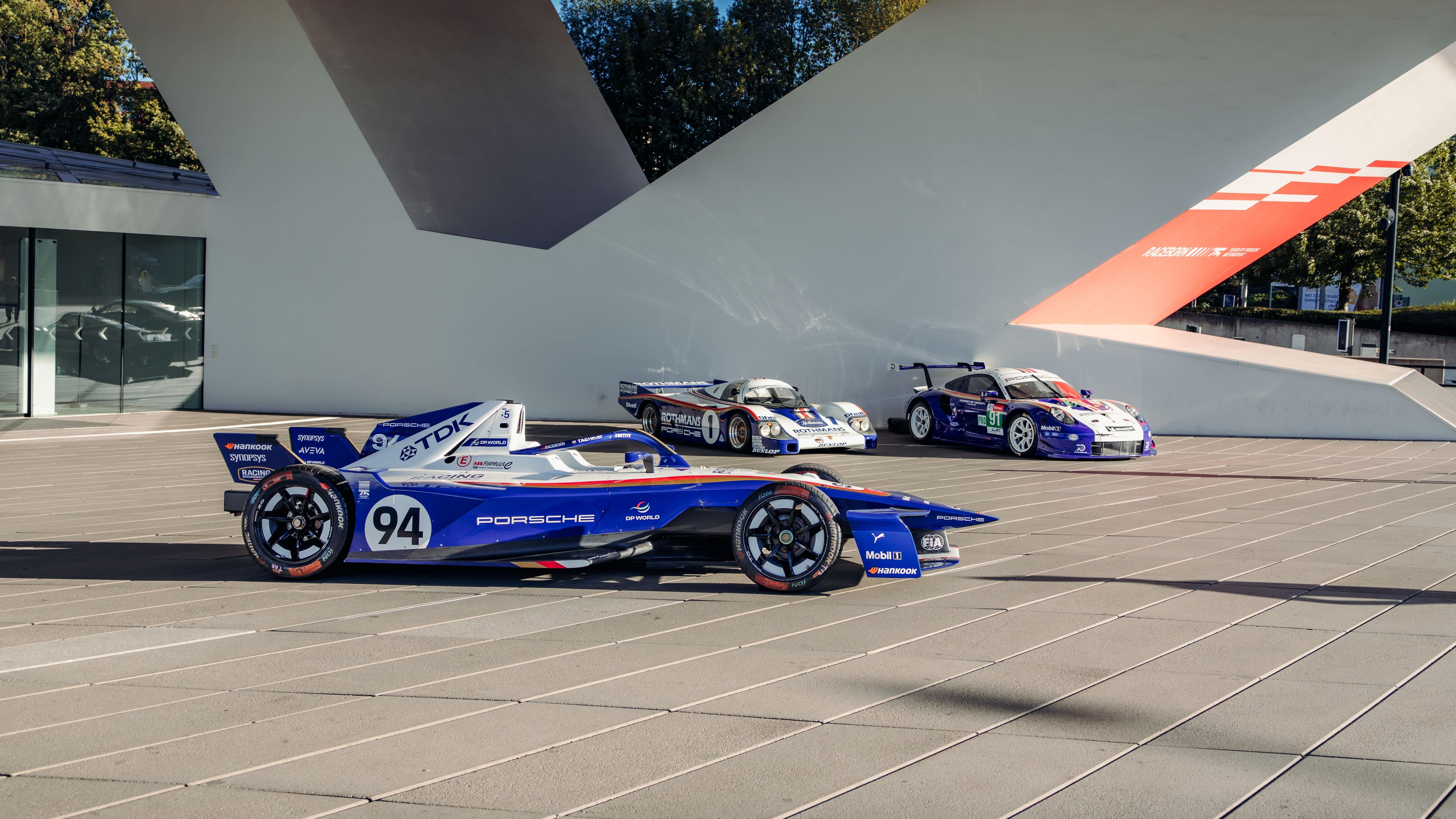 Porsche 99X Electric Formula E car with Porsche 956 and 911 RSR