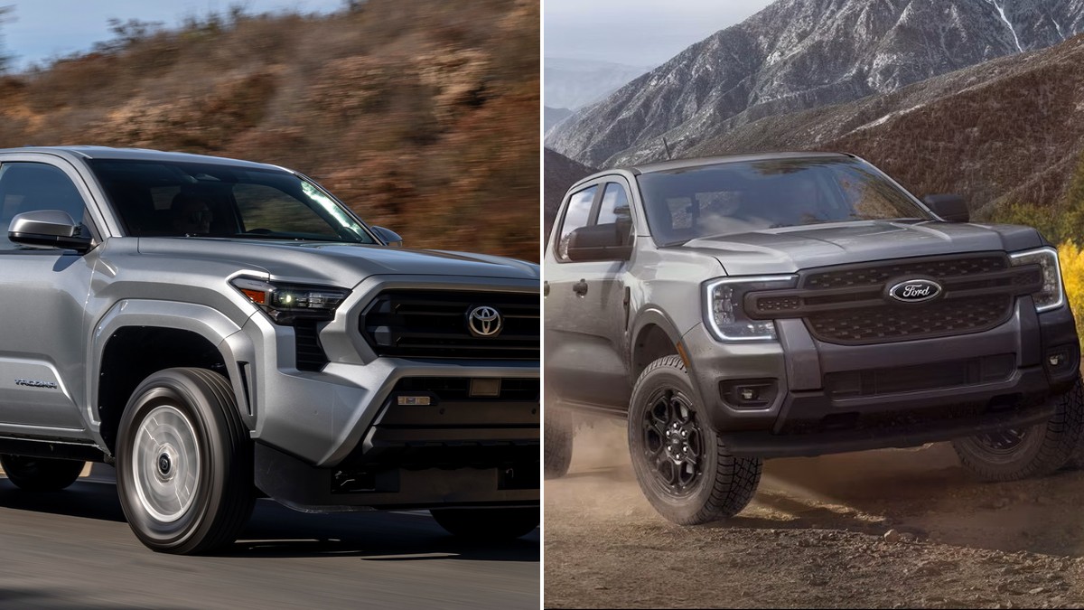 Toyota Tacoma SR5 and Ford Ranger XLT midsize pickups side by side