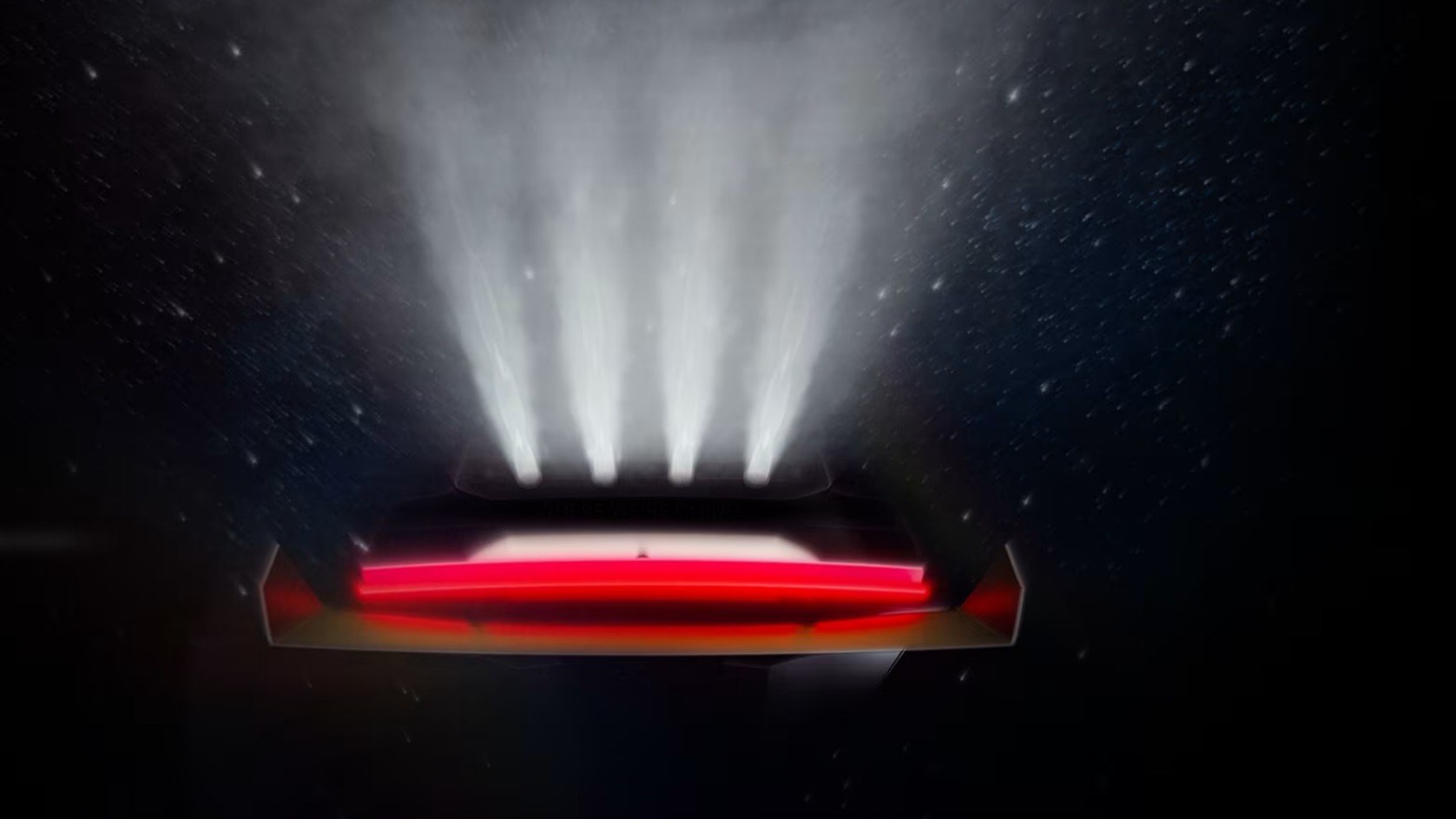 esla Roadster teaser: rear view with four thruster plumes and red light bar