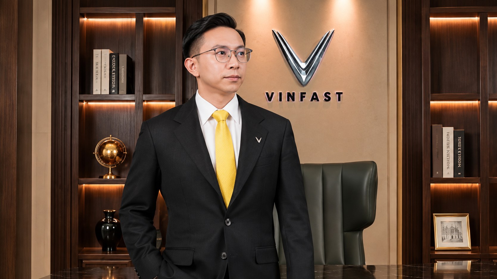 Pham Nhat Quan Anh standing in an office with VinFast logo