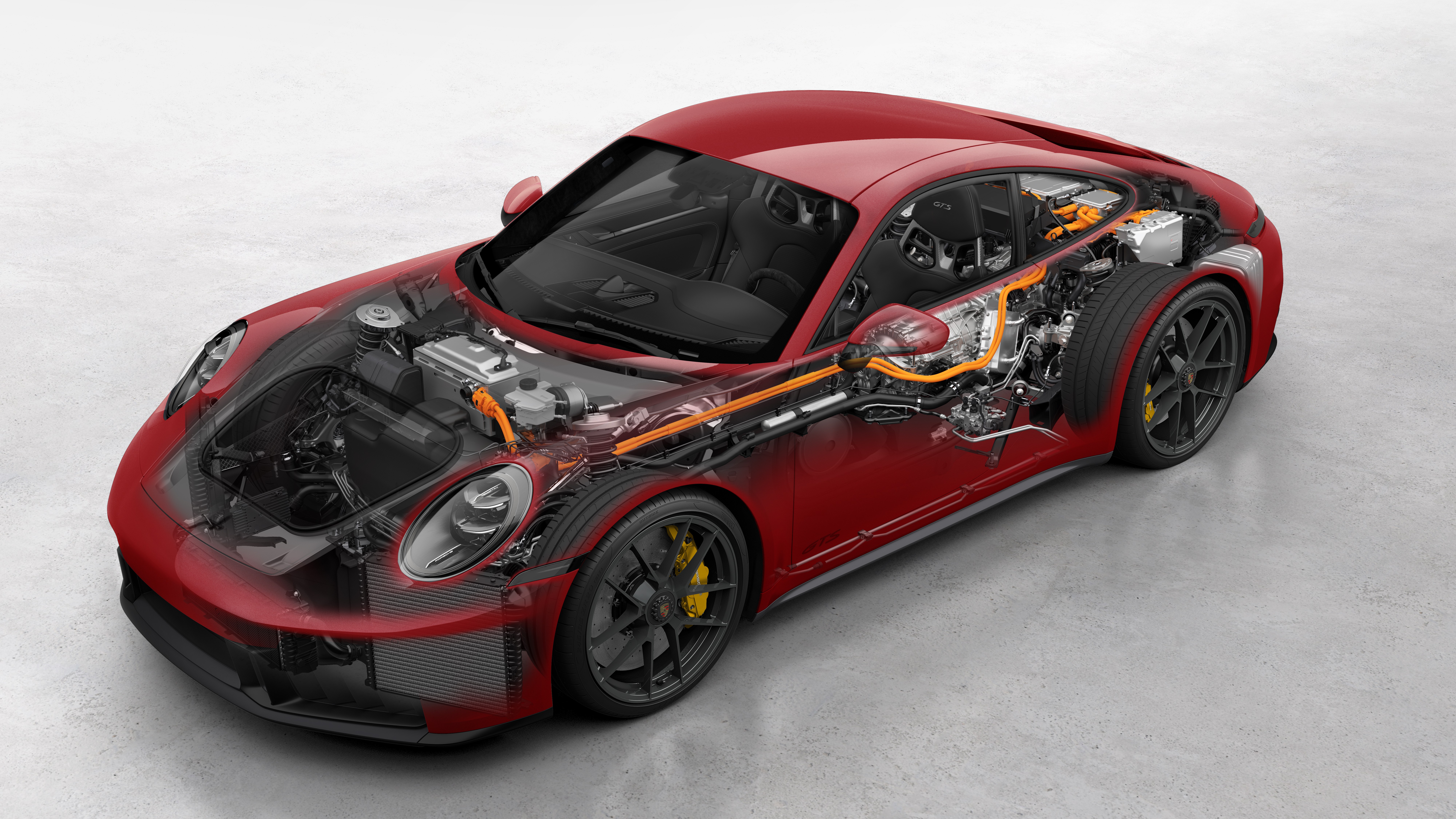 Porsche 911 Carrera GTS T-Hybrid cutaway showing hybrid components