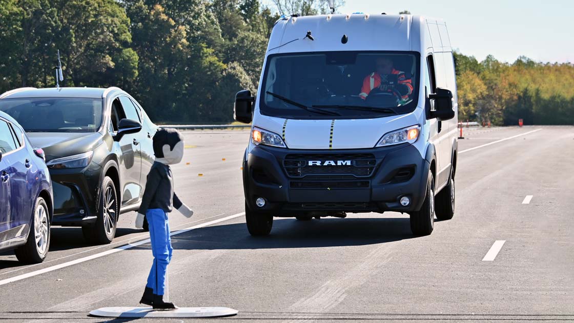 Commercial vehicle during an IIHS front crash prevention test