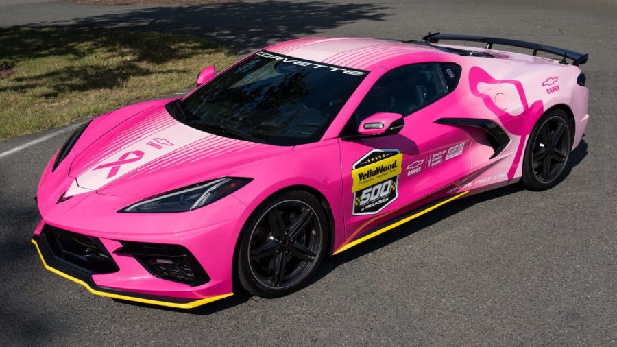Pink Chevrolet Corvette Stingray NASCAR pace car, front three-quarter view