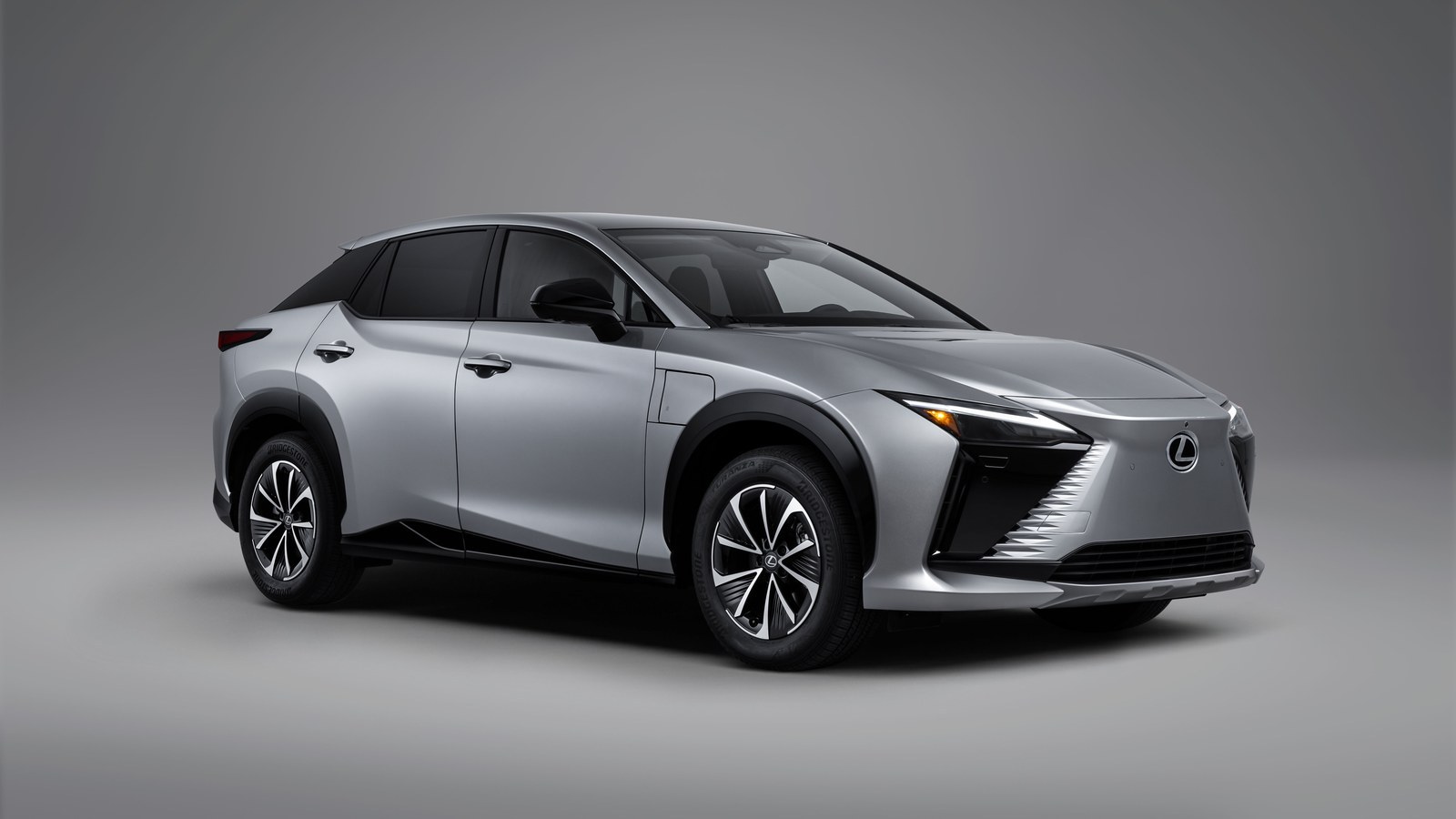 2027 Lexus RZ 350e in silver, front three-quarter studio view