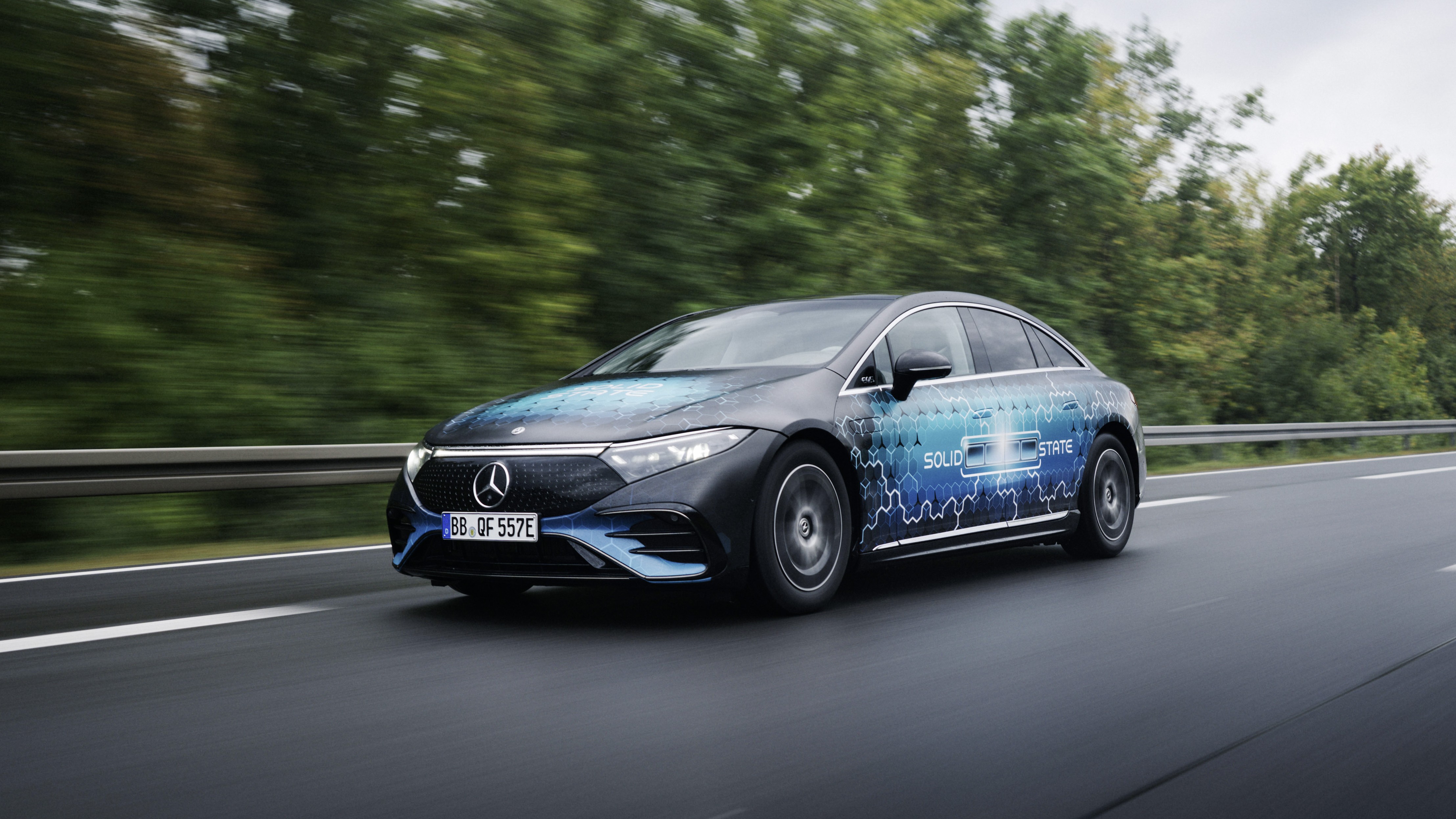 Mercedes-Benz EQS test car with Factorial battery cells on a highway