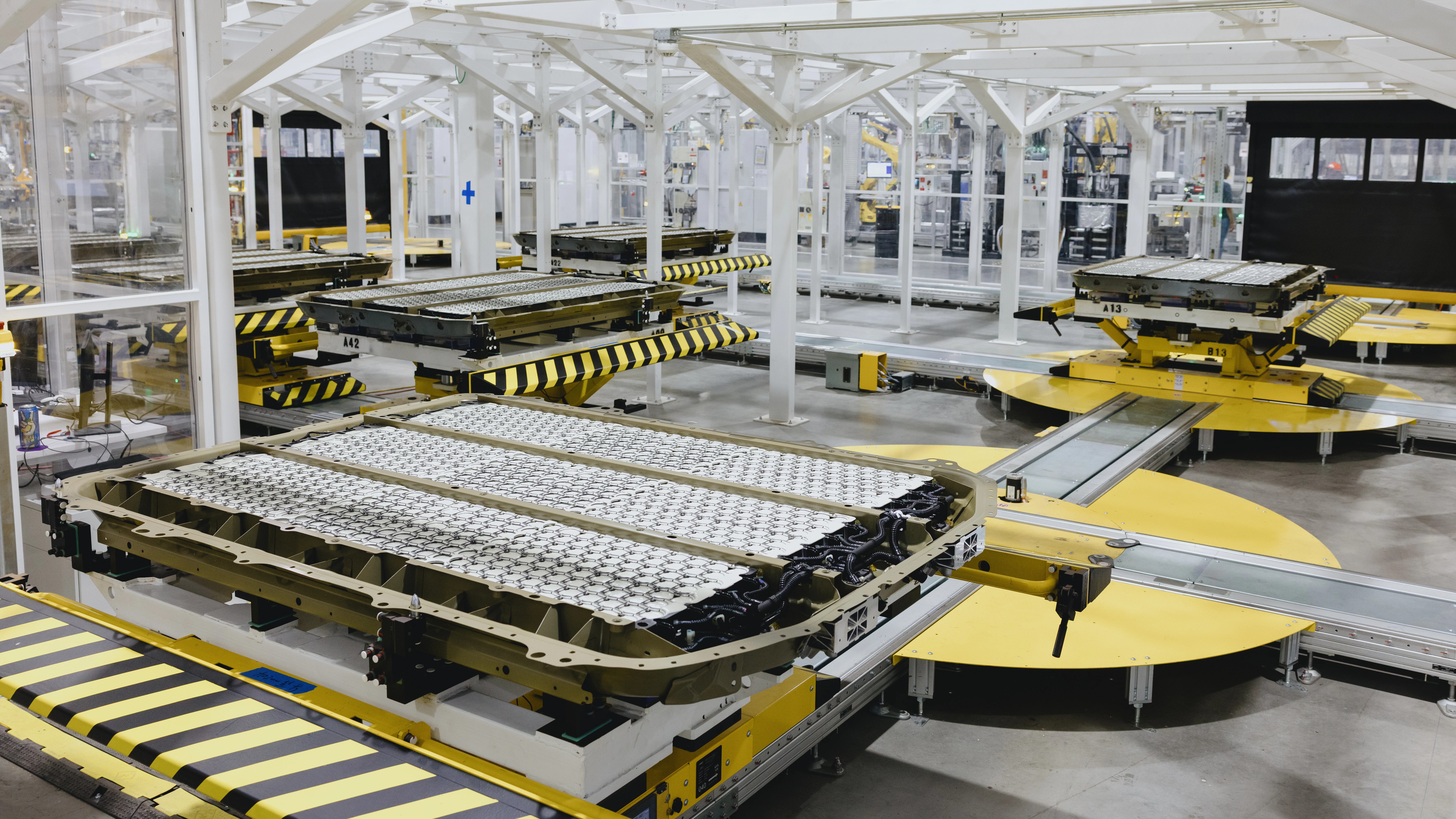 Rivian battery pack on the assembly line at the Normal, Illinois plant