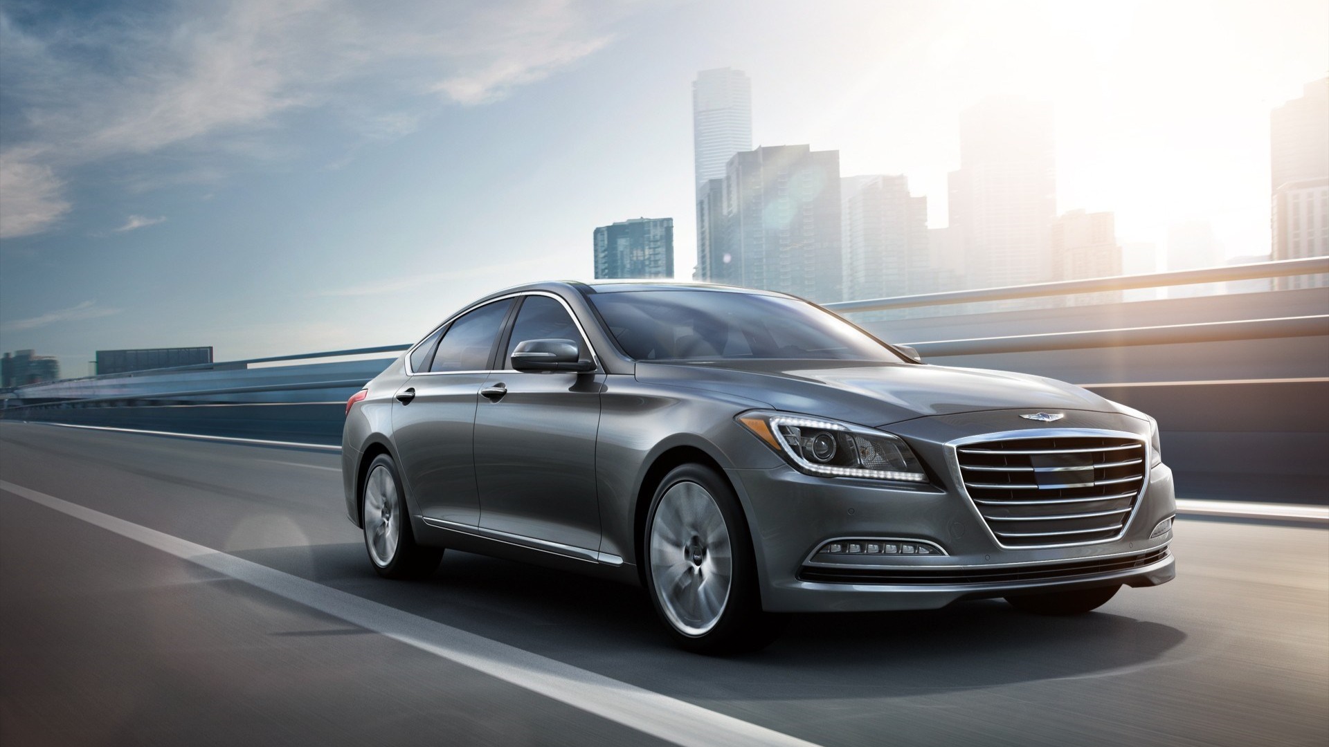 2015 Hyundai Genesis sedan front three-quarter view on a highway