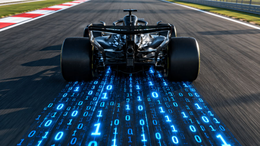 CGI Formula 1 car seen from behind, trailing streams of binary code
