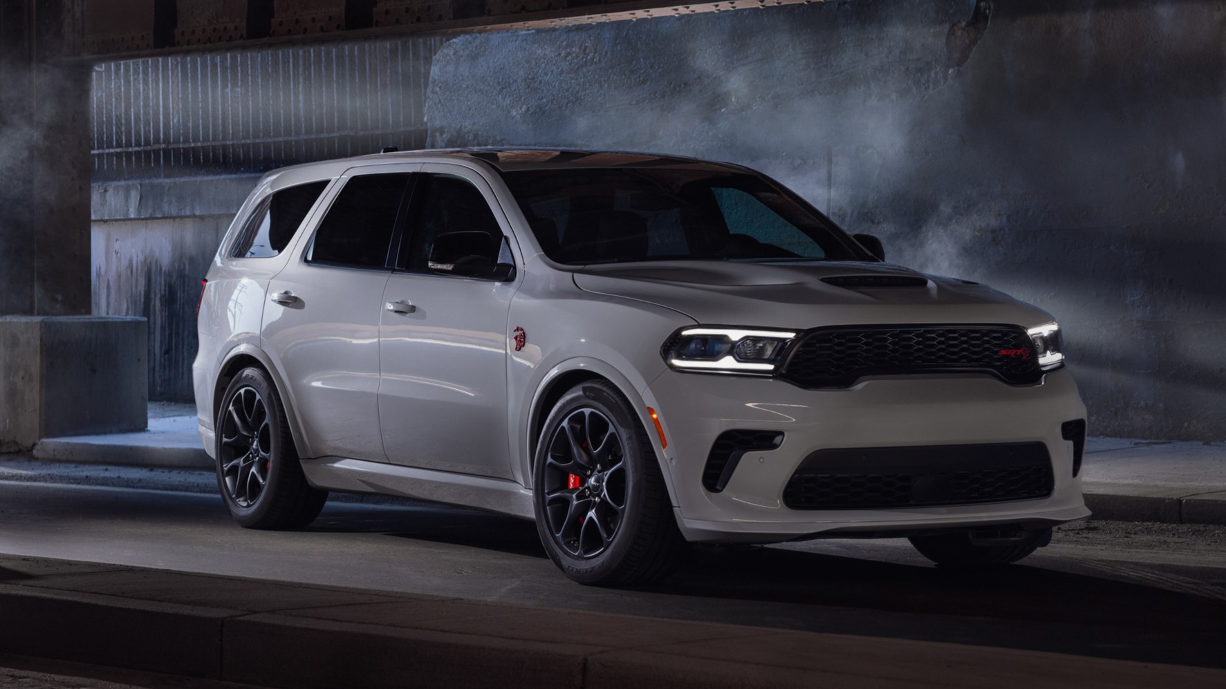Dodge Durango SRT Hellcat in Smokescreen gray, front three-quarter view