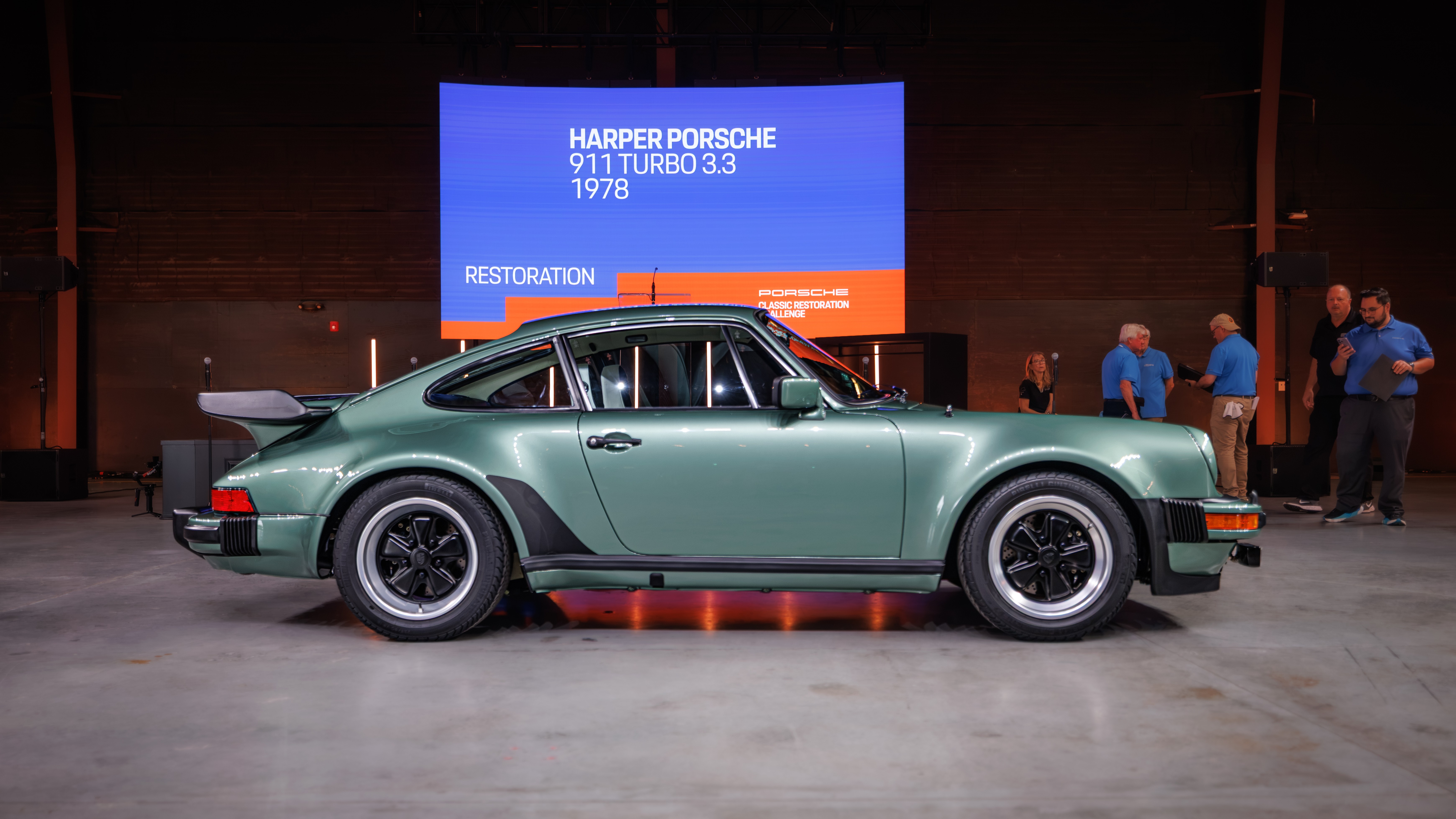 1978 Porsche 911 Turbo 3.3 side profile on stage at Classic Restoration Challenge final