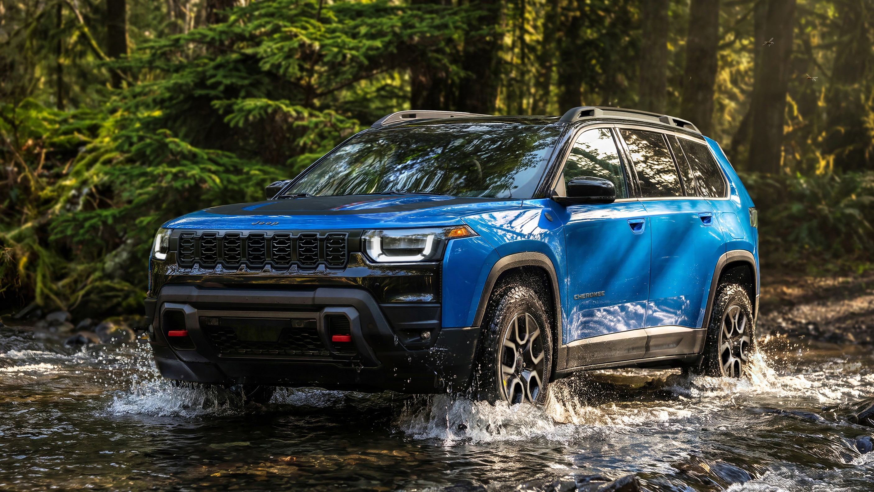 Blue 2027 Jeep Cherokee crossing a forest stream, front three-quarter view