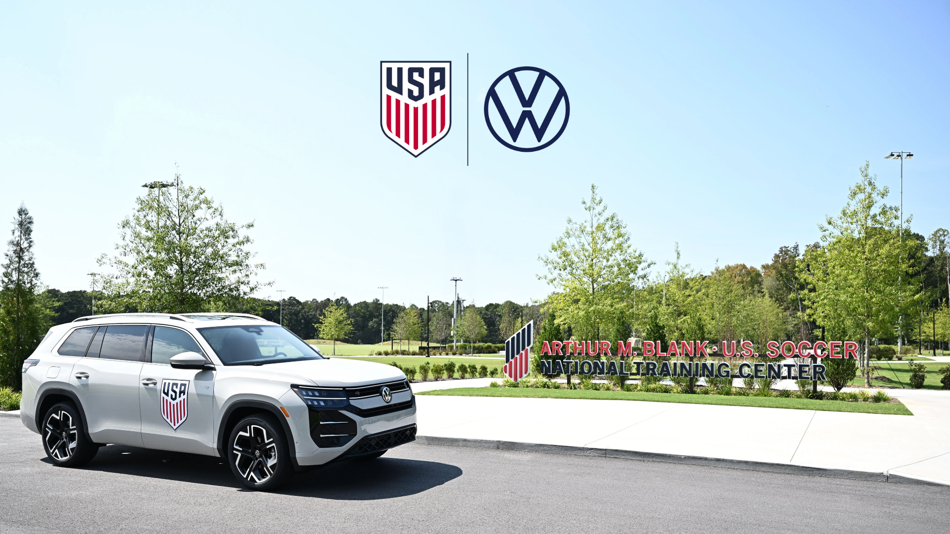 White 2027 Volkswagen Atlas with U.S. Soccer crest at National Training Center