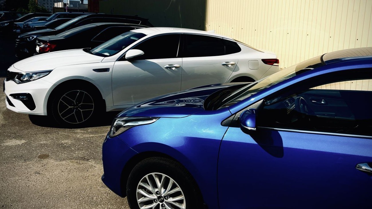 Used sedans parked in a row on a car lot