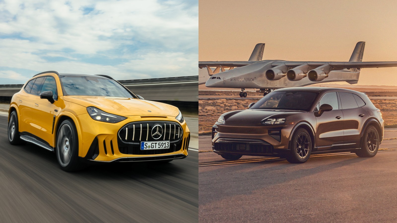 Yellow Mercedes-AMG GT SUV and Porsche Cayenne Turbo Electric, front three-quarter views