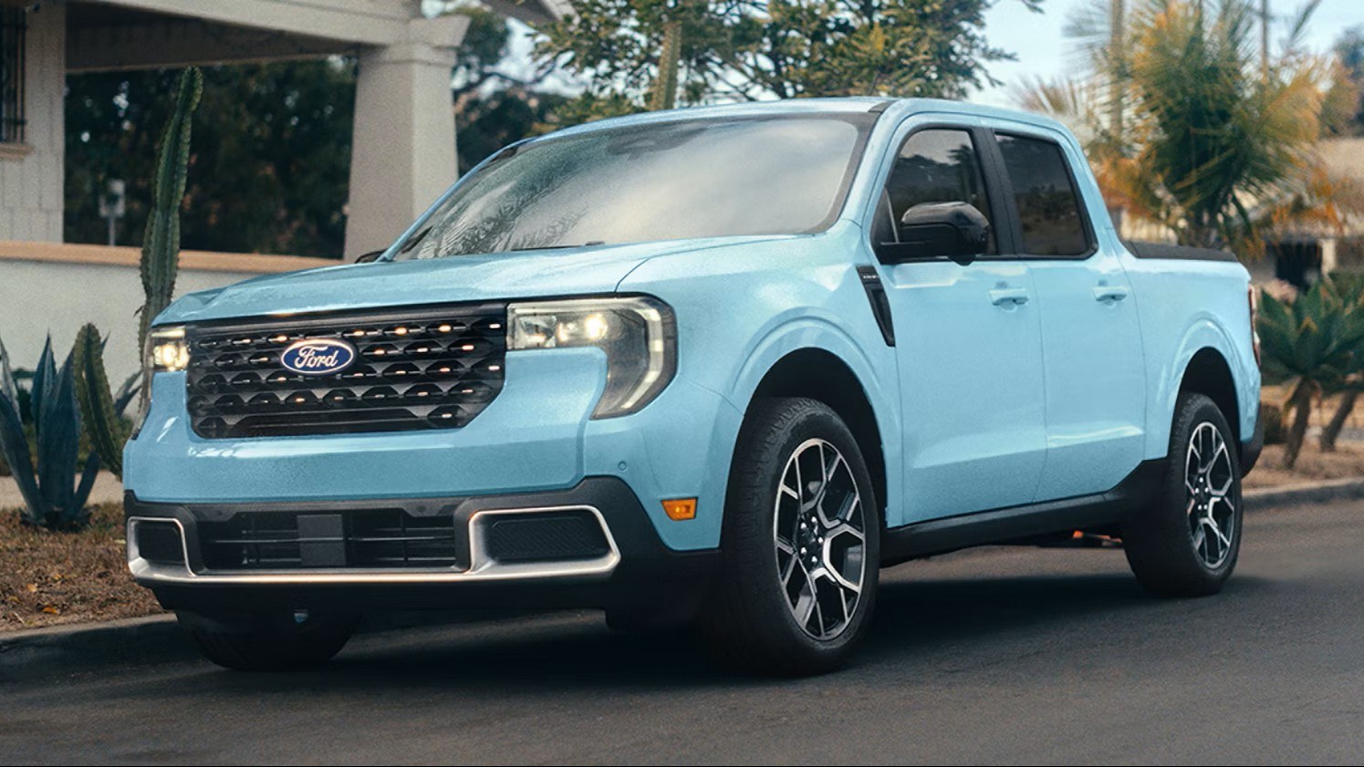 Light blue 2026 Ford Maverick pickup parked on a street