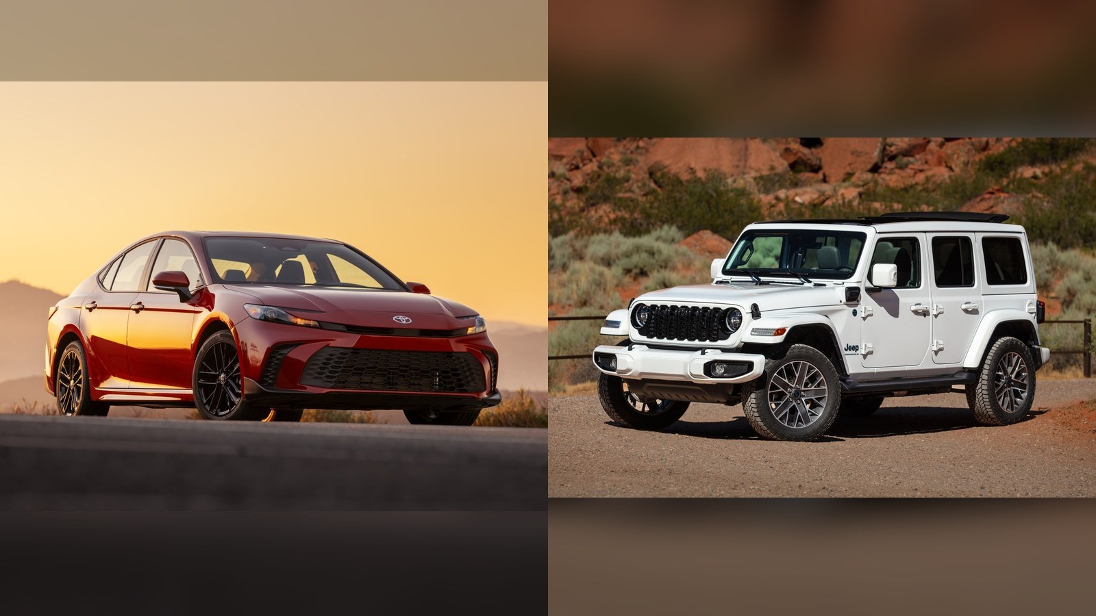 Red Toyota Camry SE beside a white Jeep Wrangler 4xe High Altitude