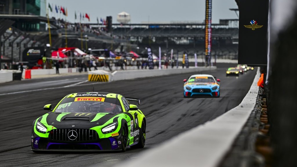 Mercedes-AMG GT4 race cars on track at Indianapolis Motor Speedway