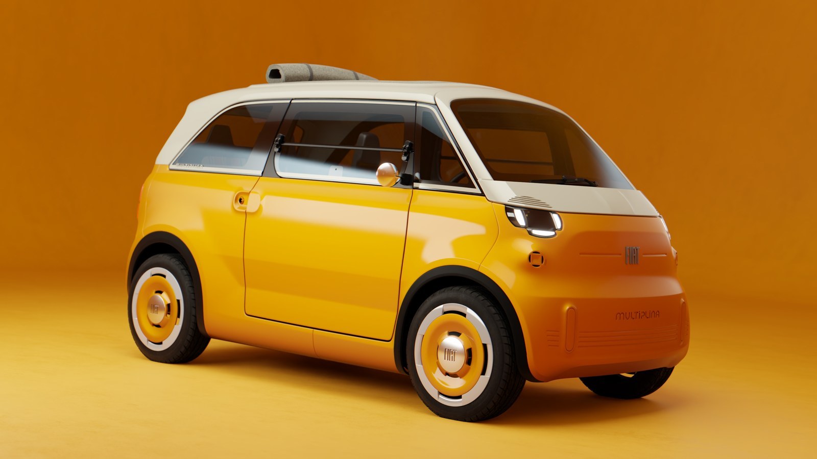 Yellow and cream Fiat Multiplina concept, front three-quarter view in studio