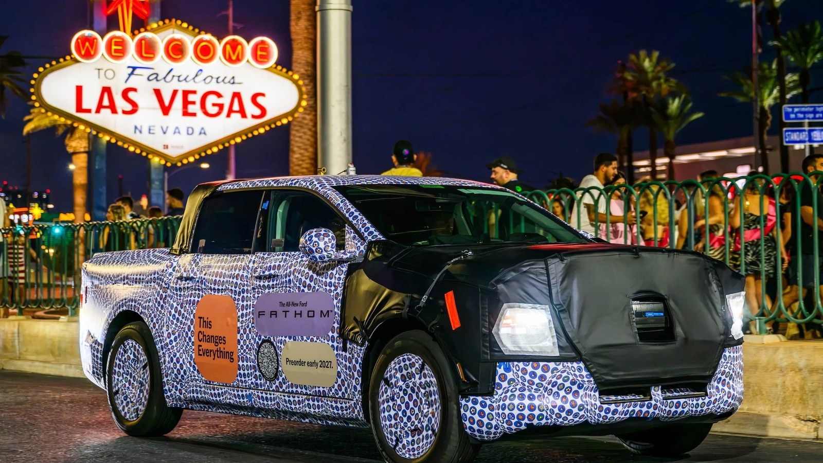 Camouflaged Ford Fathom electric truck prototype at the Las Vegas sign